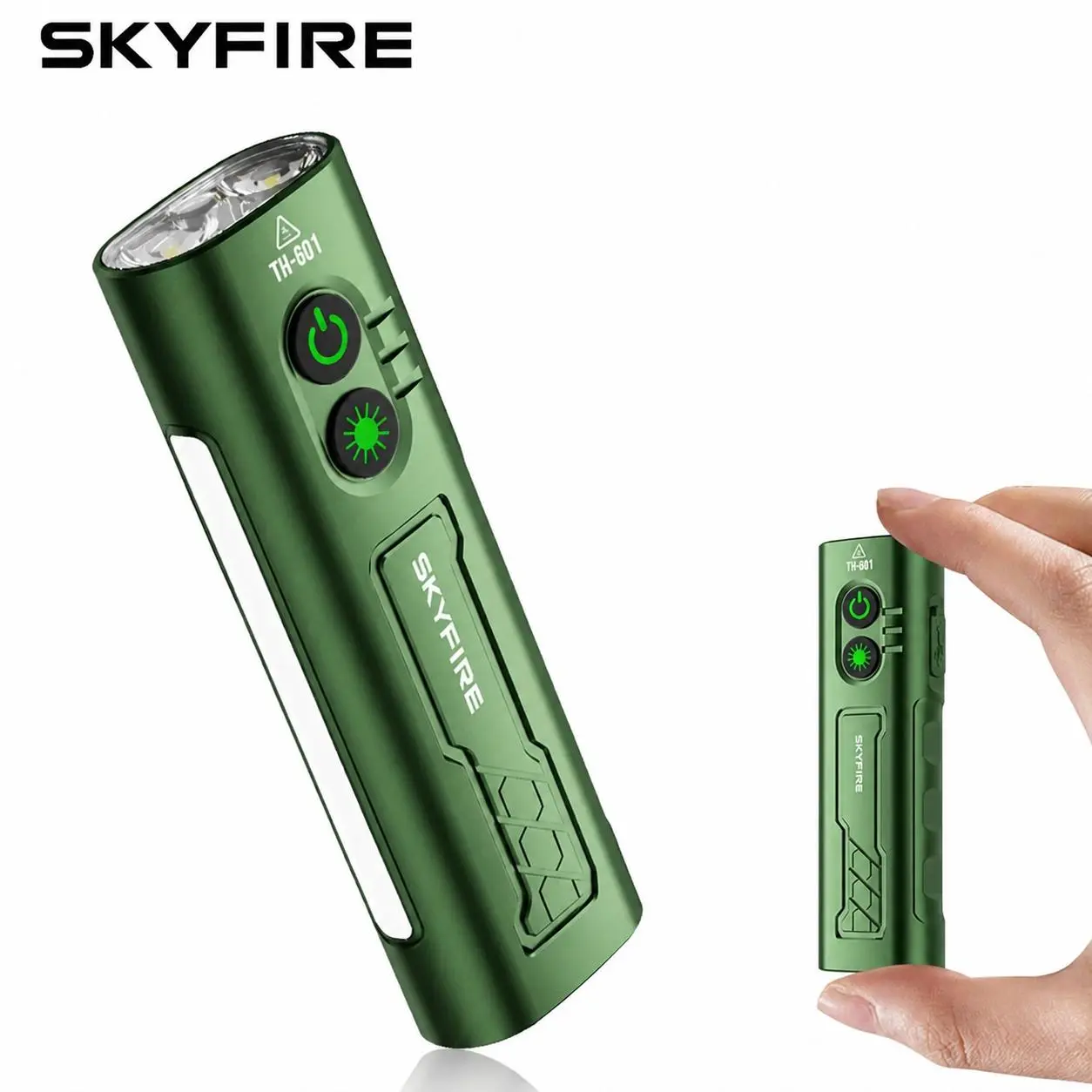 SKYFIRE EDC Pocket Flashlight Green and black with 374nm UV Light & 517nm Laser, High-Lumen LED, USB-C Rechargeable.Compact magnetic body with side UV lamp, ideal for pet urine detection, scorpion spotting and UV resin curing.