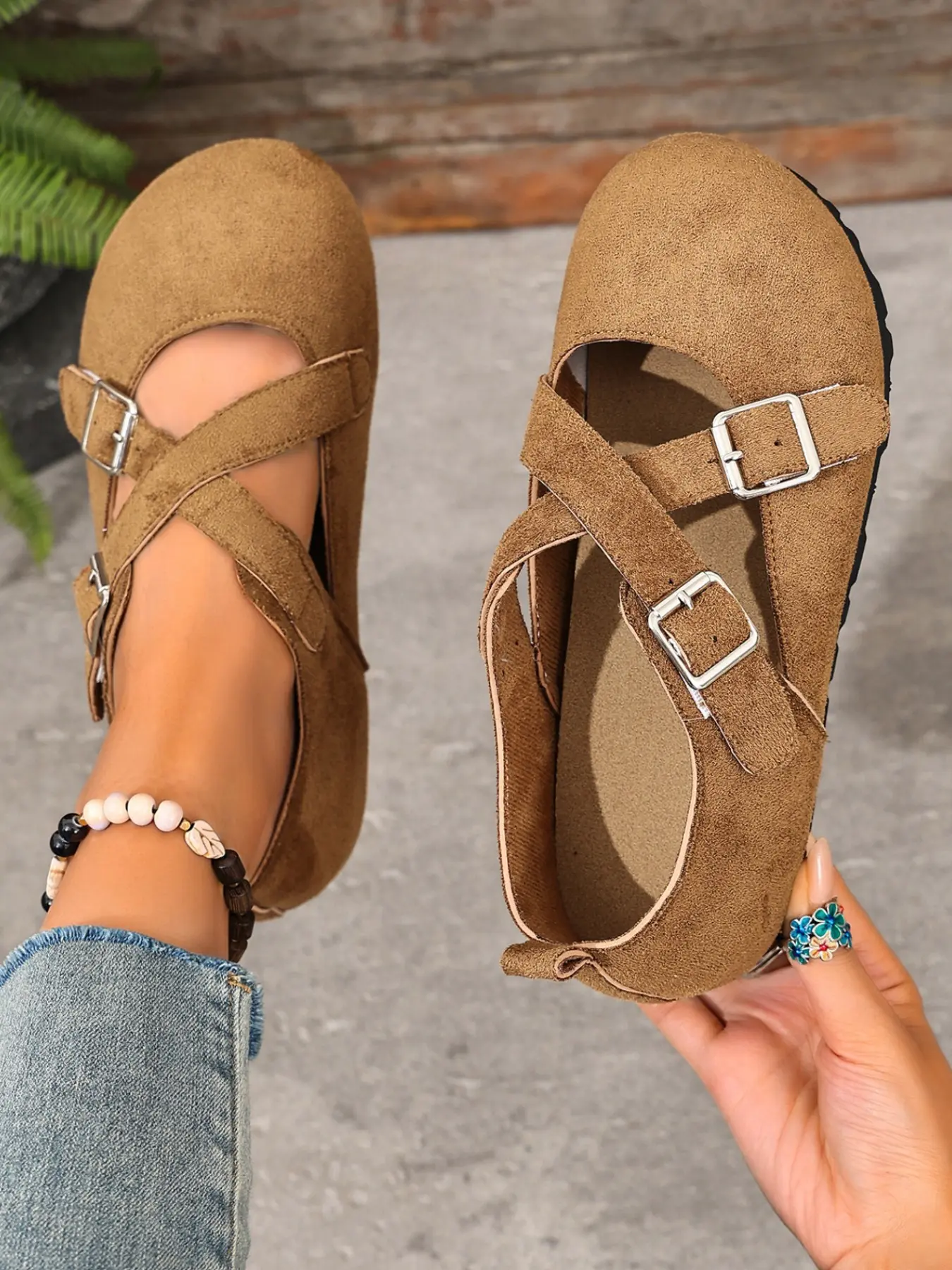 Women Closed Toe Crisscross Double Buckle Mary Jane Flats, Faux Suede Casual Flat Shoes, Boho Shoes, Leopard Brown Army Green Retro Comfort Shoes For Daily Shopping Streetwear