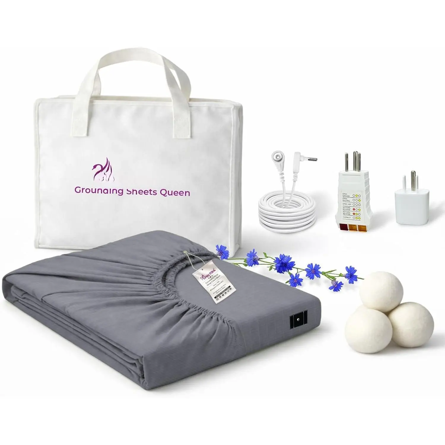 Grounding Sheets   Plus  for  Sleep , Deep Pocket with Complete Accessory Kit – Laundry Bag,  Dryer Balls, USB Conductivity Test Pen, Plug Adapter, Gray