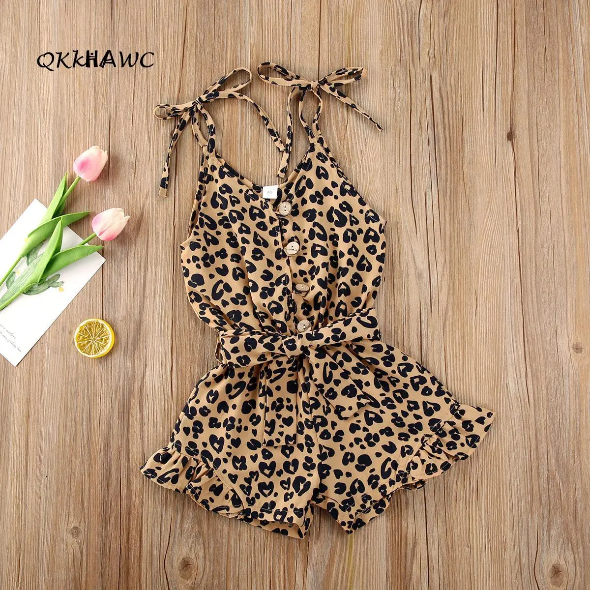 Summer leopard print sleeveless jumpsuit for children and girls, adjustable lace up V-neck jumpsuit, front button detail, paired with waist belt and pleated shorts