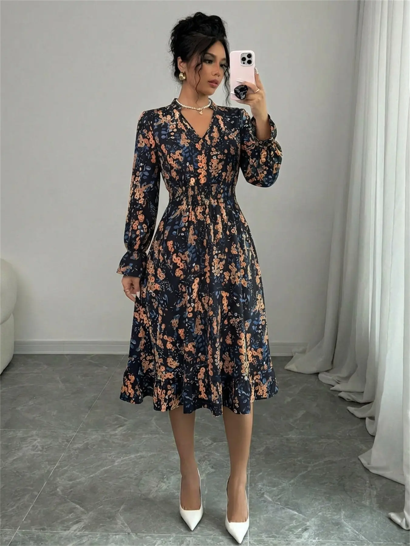 Spring Summer Long Sleeve V Neck Wrap Waist Ruffle Hem Casual Vacation Print Midi Dress, Women's Fashionable Comfortable Daily Wear