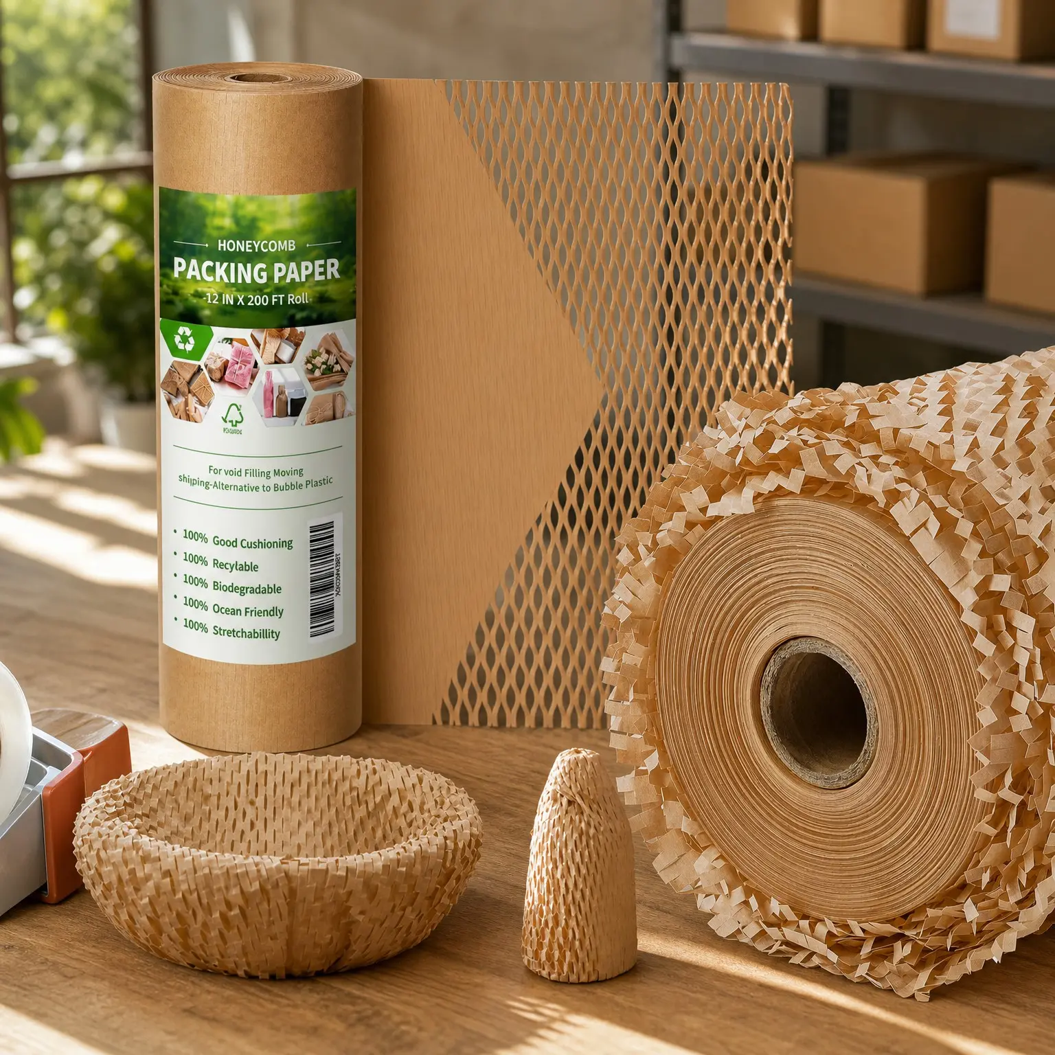 Honeycomb Packing Paper Roll, 12 in x 200 ft, Recyclable Biodegradable Cushioning Wrap for Moving, Shipping, Product & Gift Wrapping, Includes 20 Fragile Sticker Labels