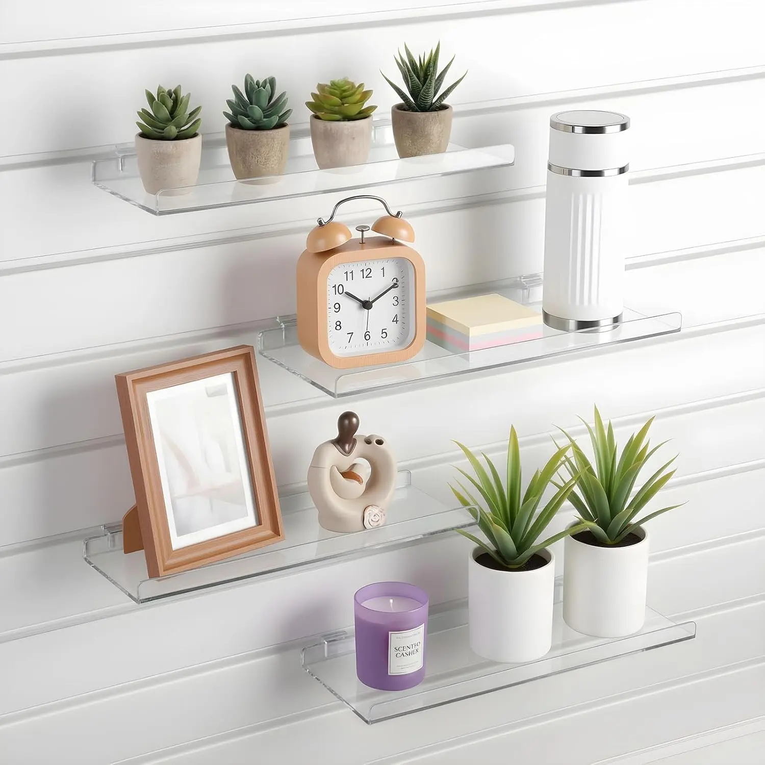 4 count Slatwall Shelves Clear  Slatwall Shelves Organizer Wall Mounted  Accessories Plastic Panel Display Shelf for Retail Store Boutique Garage (No Fence Style,14 x 6 Inch)