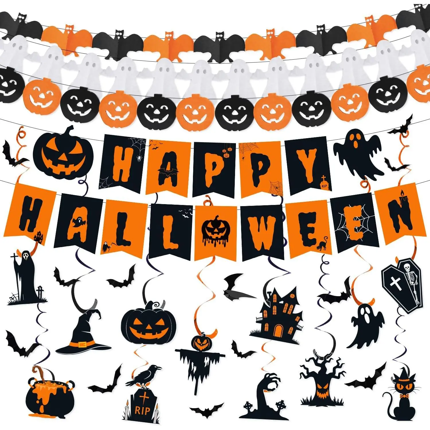 28 count Halloween Party Decoration Sets | Happy Halloween Banner, Bat  and Pumpkin Banners,  Swirls and Bat Wall Stickers for  Office Decorations