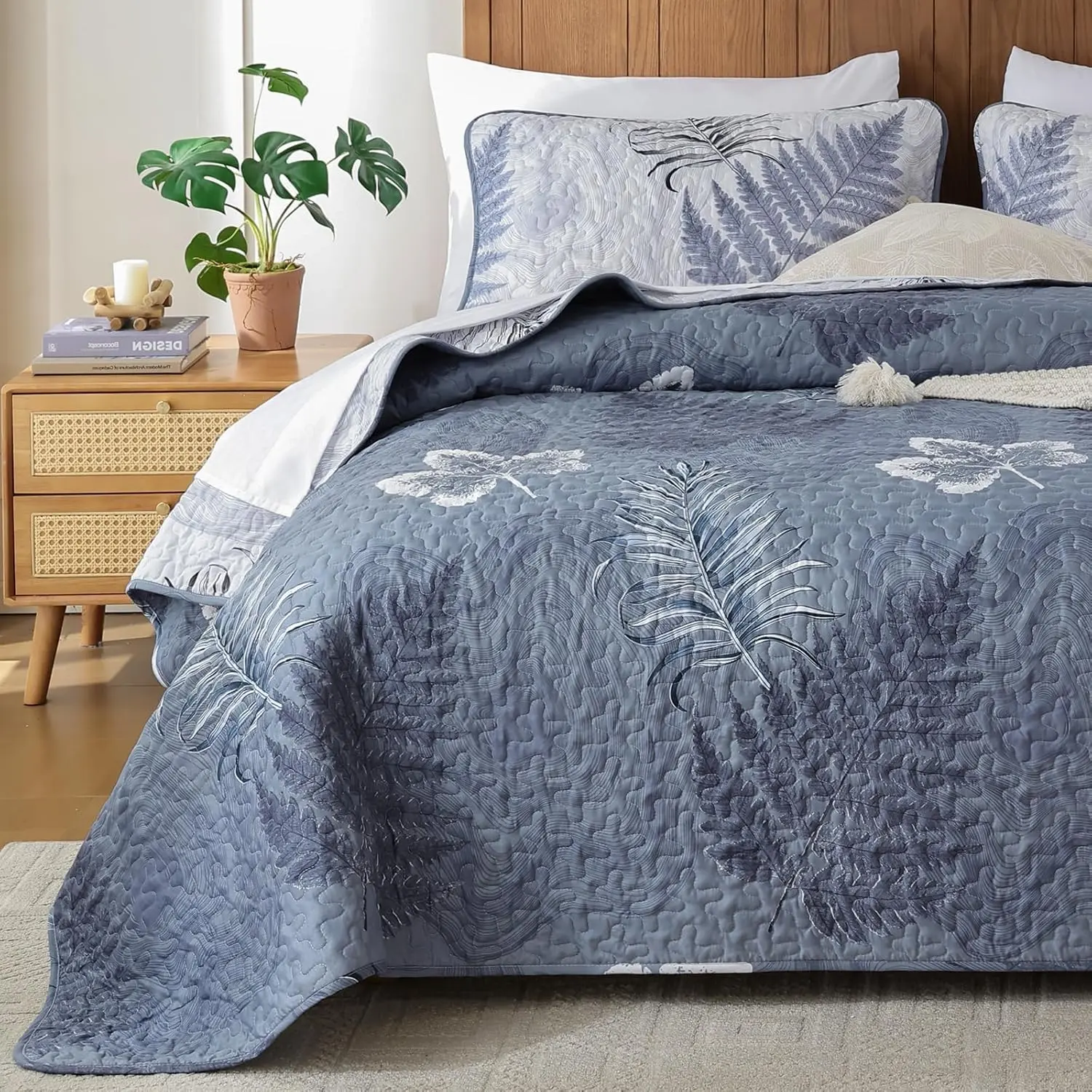 Blue Set Queen Size, Botanical Bedspread Bedding Set Floral Leaf Pattern Reversible Coverlet Set 3 Pieces, Summer Bedspread Bed Cover with 2 Pillow Shams for All