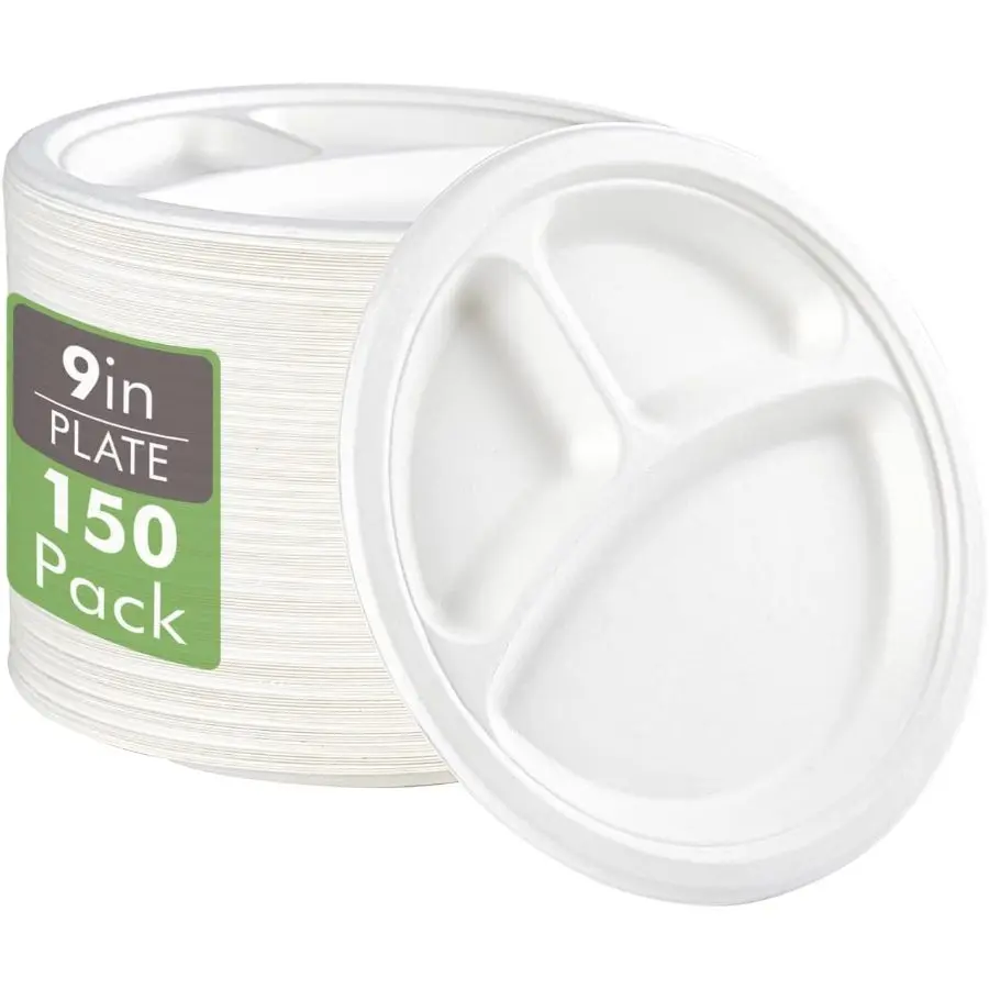 Vplus Compostable Paper Plates, 150 Pack 9 Inch 3 Compartment Plates, White Disposable, Heavy Duty Biodegradable Plates, Made of Sugar Cane Fibers, Perfect for Daily meals, Dinner, Parties, BBQ