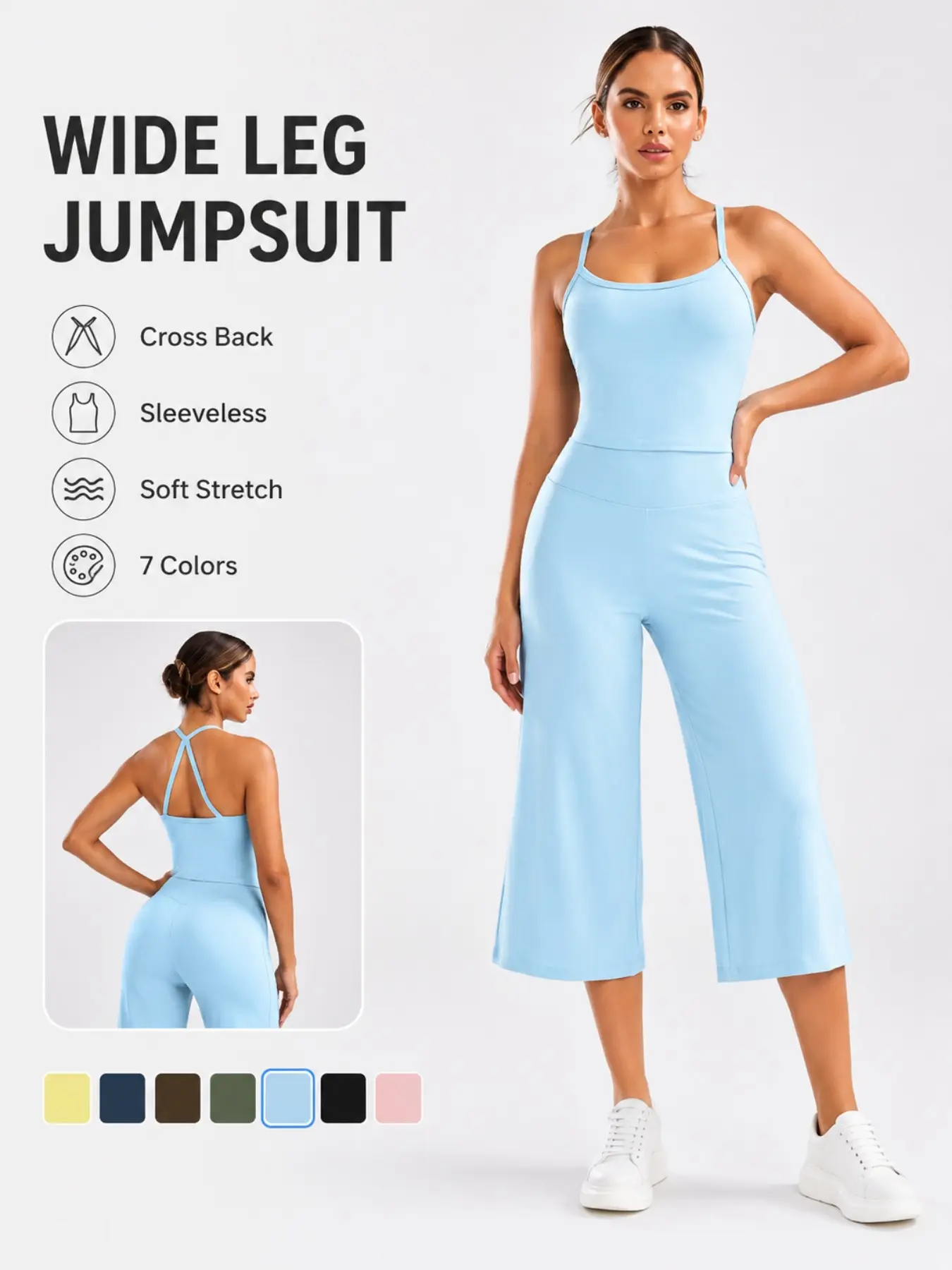 2pcs Women’s Cross Back Wide Leg Jumpsuit, Fitness Yoga Jumpsuit, Sleeveless Soft Stretch Capri Romper with Tummy Control for Yoga, Workout, Casual & Travel