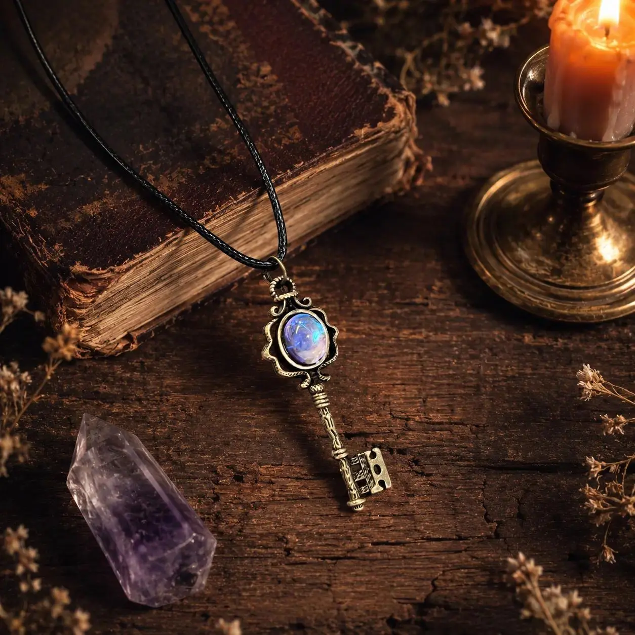 Witch Key Necklace with Color-Shifting Fluorite - Solid Copper Gothic Amulet with Vintage Bronze Finish, Adjustable Boho Aesthetic Jewelry, Meaningful Gift & Whimsical Accessory
