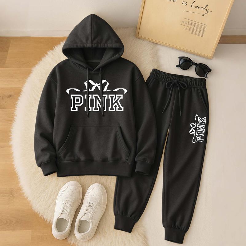 Women's Bow Tie Print Hoodie And Drawstring Track Pants Set, Casual Sportswear, Long-Sleeved Hooded Jacket And Pants, Suitable For Autumn And Winter, Everyday Wear, Indoor And Outdoor Sportswear, Casual Sportswear.
