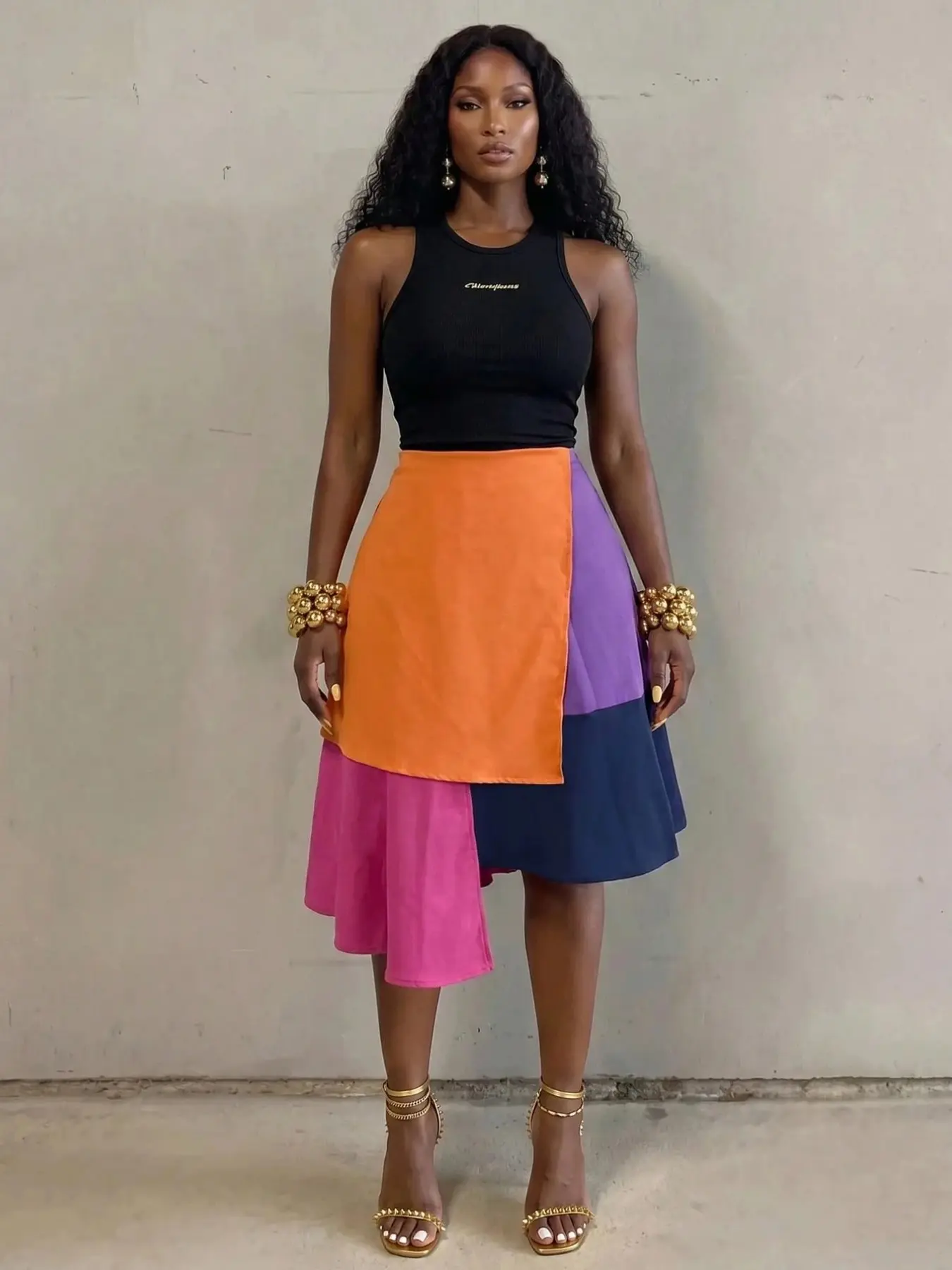 Women's Fashion Colorblock Patchwork Asymmetrical Hem Skirt, Stylish and Unique Design, Perfect for Casual Wear, Trendy and Comfortable