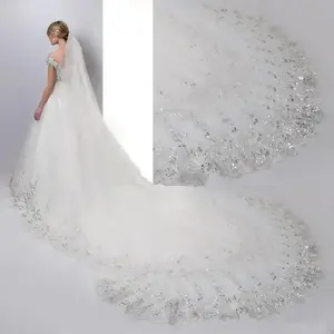 Luxury Sequin Lace Cathedral Length Wedding Veil, Long Bridal Trailing Statement Veil with Sparkling Gold-Trimmed Lace, Romantic Regal Bridal Accessory for Grand Church Ceremonies, Bridal Photoshoot & Ball Gown Wedding Dresses