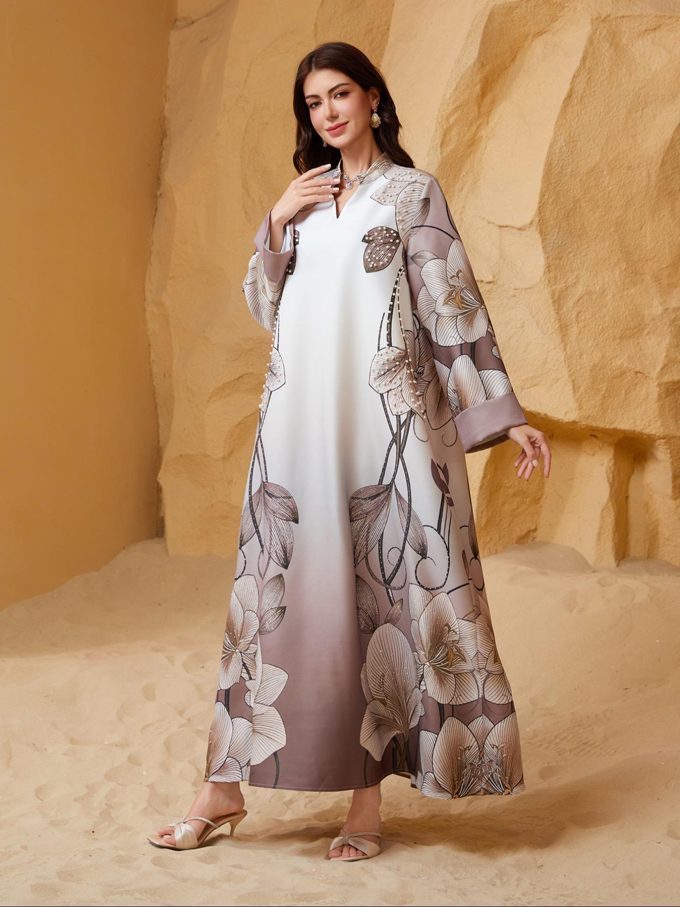 Women's Floral Pattern Long Dress, Floral Print Abaya, Elegant Modesty Long Sleeve Maxi Arabic Clothing, Ladies Islamic Clothing for Daily Wear