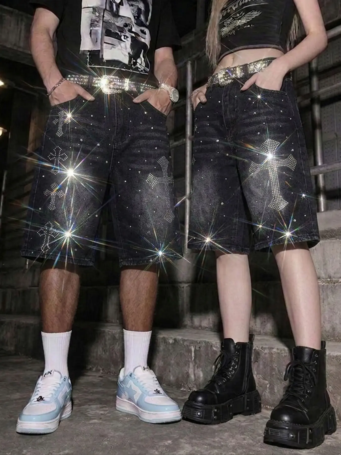 Heavy-Duty Cross-Stitched Rhinestone Baggy Jeans Shorts, High-Street Glitter Vintage Five-Pocket Pants, Unisex Streetwear Slimming Mid-Length