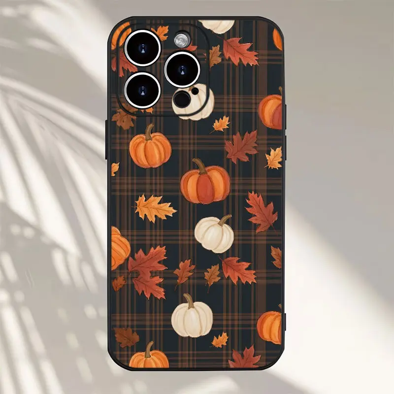 Dark Plaid Pumpkin Maple Leaf Watercolor Phone Case, Simple Country Fall Style for iPhone 17 16 15 14 13 12 11 Plus Pro Max, Casual Seasonal Gift