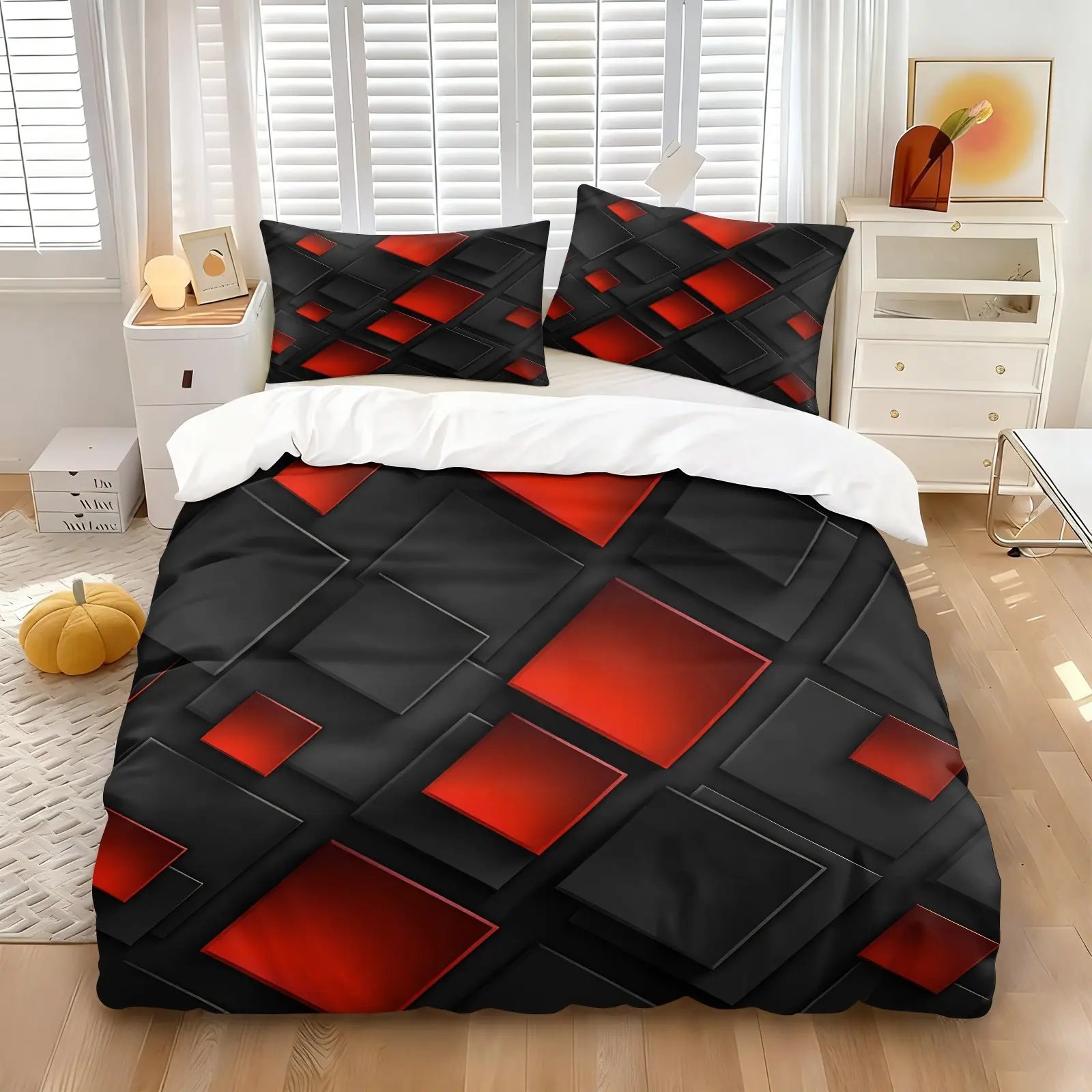 2/3Pcs Red Black Geometric Square Duvet Cover Set, Modern Stereo Layered Pattern Comforter Cover, Minimalist Trendy Bedding Set with Pillowcases, No Filler, Perfect For Men Contemporary Bedroom & Urban Apartment Decor