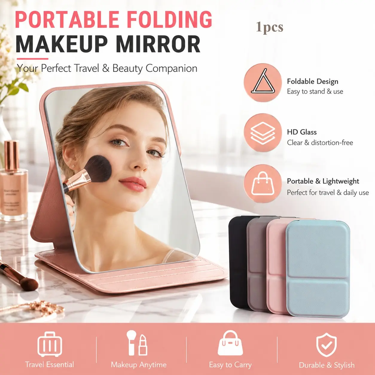 Portable Foldable Makeup Mirror, PU Leather Compact Mirror, Easy to Store, Travel Essential and Cosmetic Accessory, Ideal Gift for Birthday, Graduation, Halloween and Christmas, Portable Folding Mirror, Portable Vanity Mirror