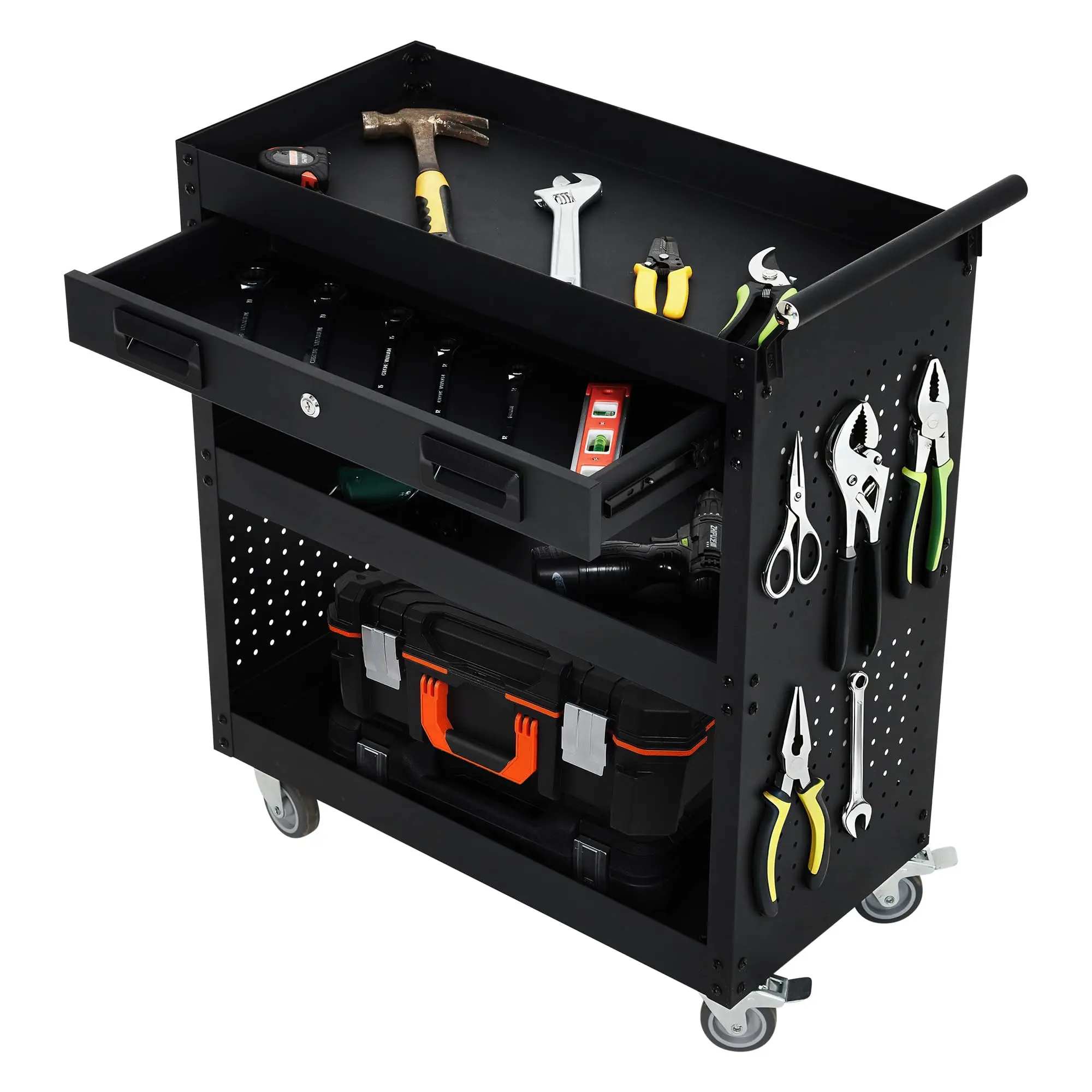 Lockable 4-Tier Mobile Tool Wagon with Pegboard & Casters – Steel Tool Cabinet for Garage Organization & Storage