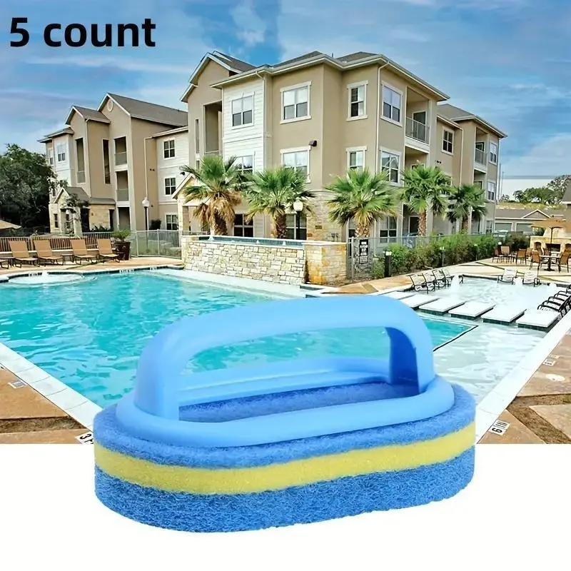 5 count , Three-layer Household Cleaning With Handle Sponge Brush, Multi-functional Plastic Sponge Scouring Pad, Blue Cleaning Bathtub Tile, Decontamination Kitchen Tool Emery Sponges For Room, Kitchen, Furniture, Swimming Pool