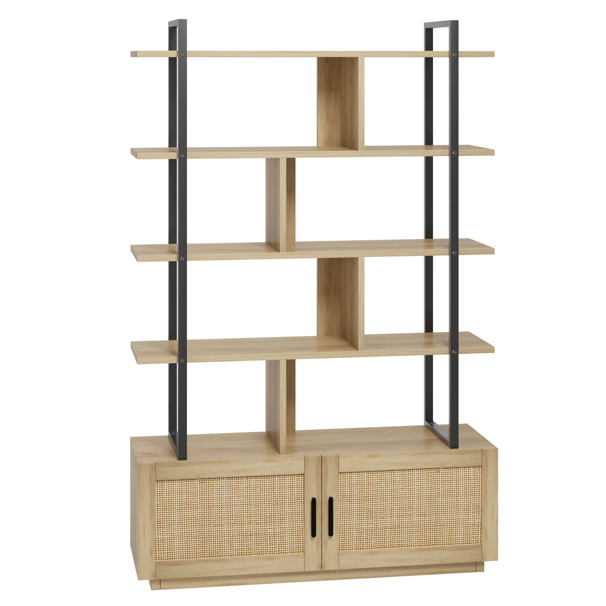 5-Tier Rattan Bookcase with Storage Cabinet & Door – Industrial Metal & Wood Bookshelf – Tall Display Shelf Unit – Open Shelves for Modern Living Room, Bedroom, or Home Office