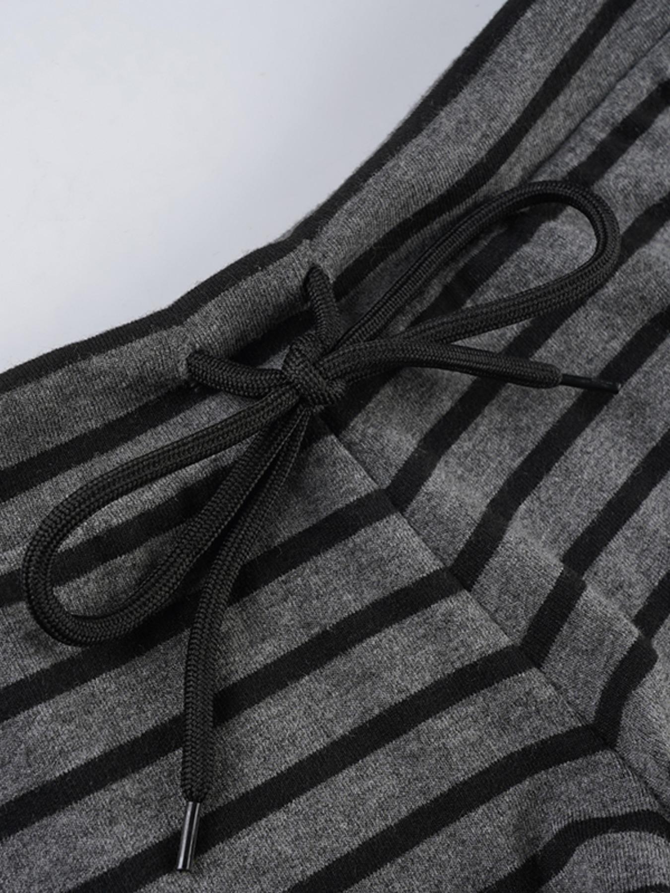 Striped Off-Shoulder Asymmetrical Two-Piece Set, Casual Comfortable Loose Long Sleeve Top + Adjustable Drawstring Waist Shorts