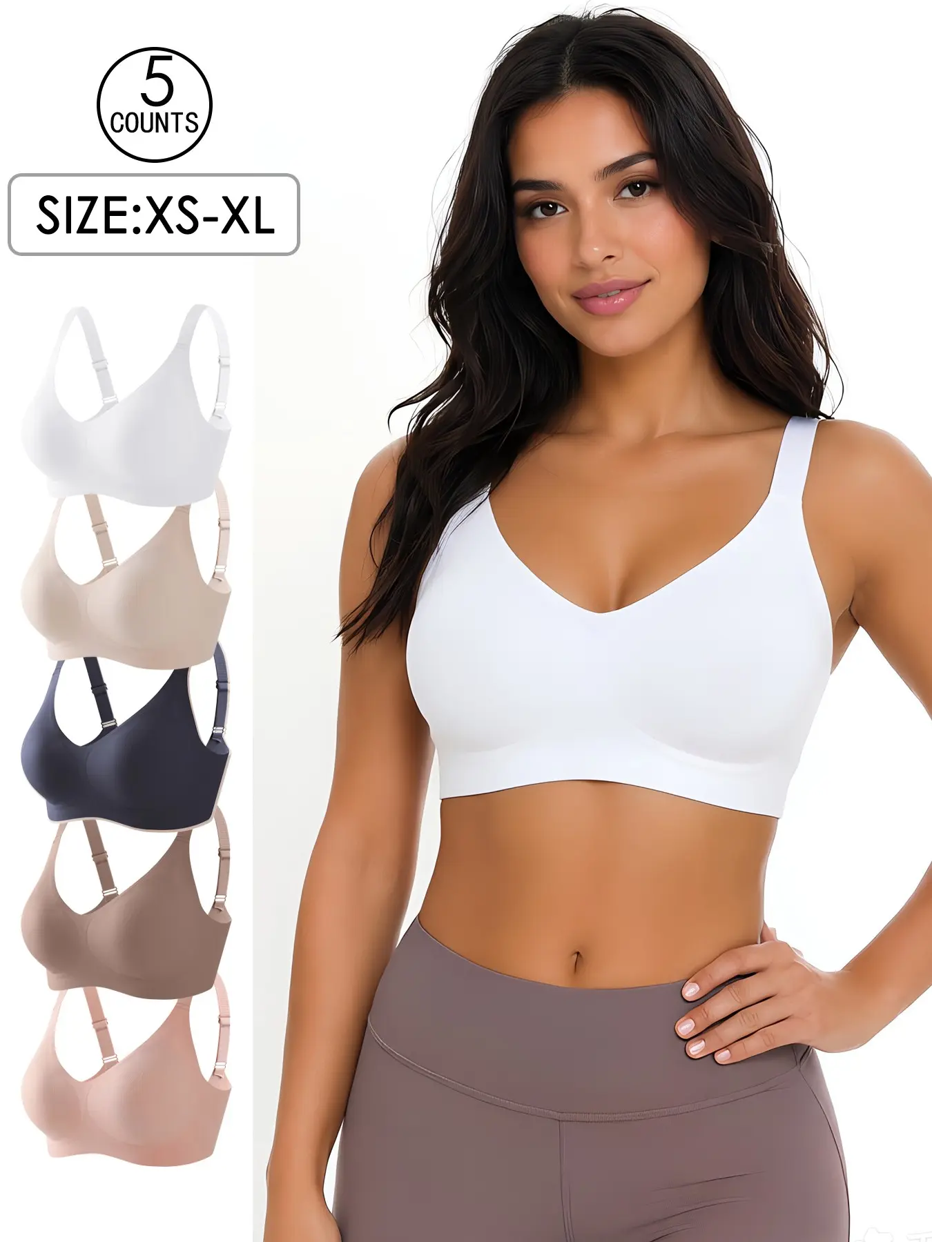 5 Pack/12 colors High-quality seamless jelly sexy lingerie bra 4 rows 3 hooks XS-XL size push-up lifting adjustable sports tank top Daily casual/Party/Yoga comfortable breathable skin-friendly women's wireless bra