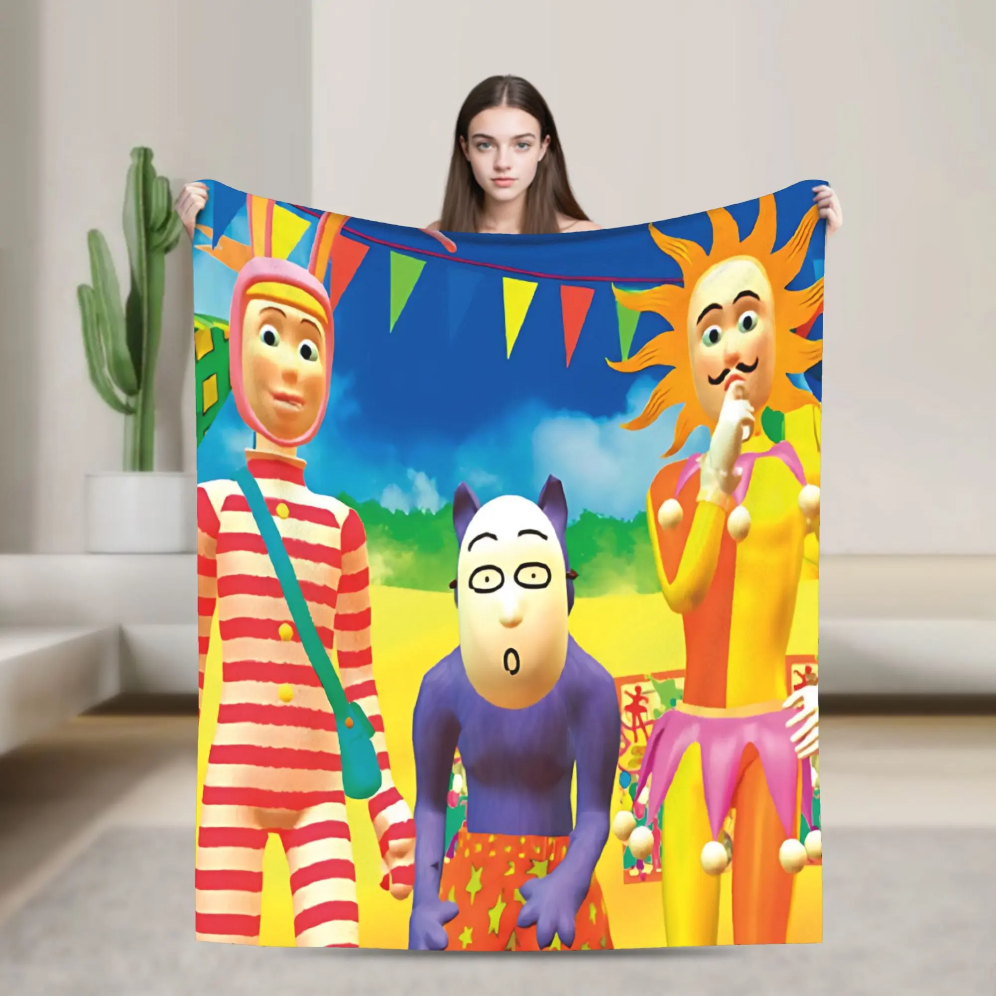 Popee The Performer Flannel Throw Blanket - Popee, Kedamono, Papi Group Design, Cotton Fabric, Retro Vintage, Cartoon Fun, Stain-Proof, Travel Camping Circus Blanket
