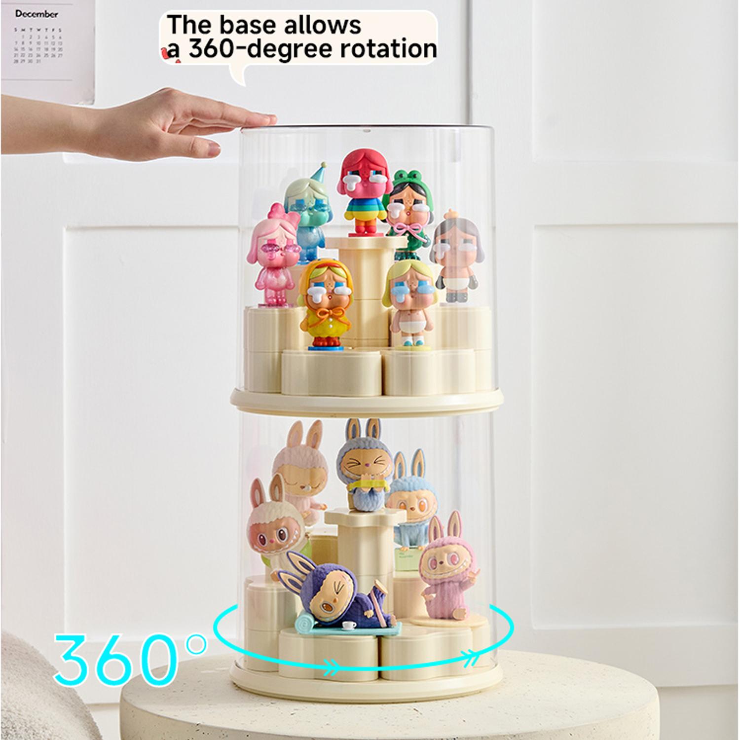 Figurine Display Storage Box with Rotating Base, Transparent Dust Cover, Stackable Cabinet for Pop Mart Labubu Figures, Watches & Jewelry