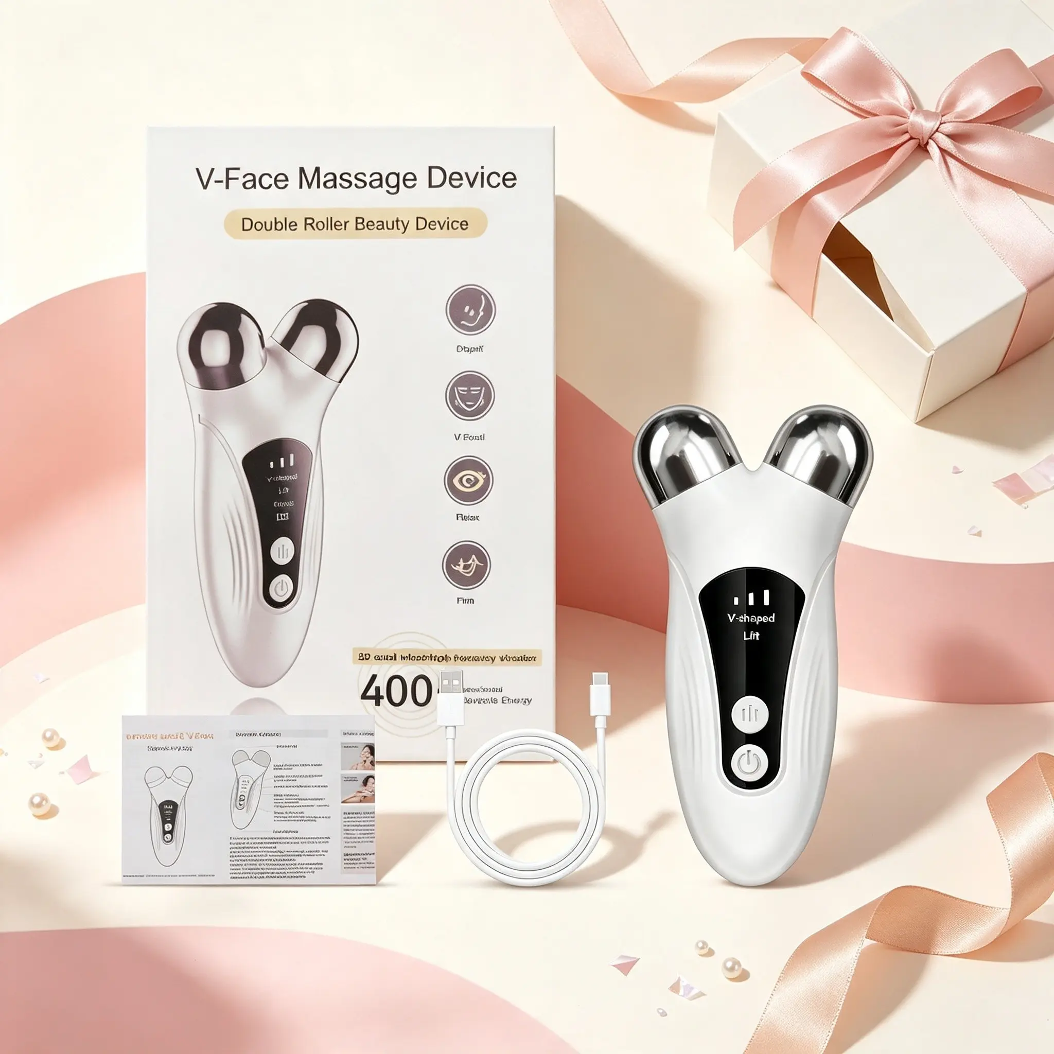 Women's Portable 3D Dual Roller V-Shaped Facial Massager, High-Frequency Vibrating Beauty Tool, Skin Tightening, Home Use
