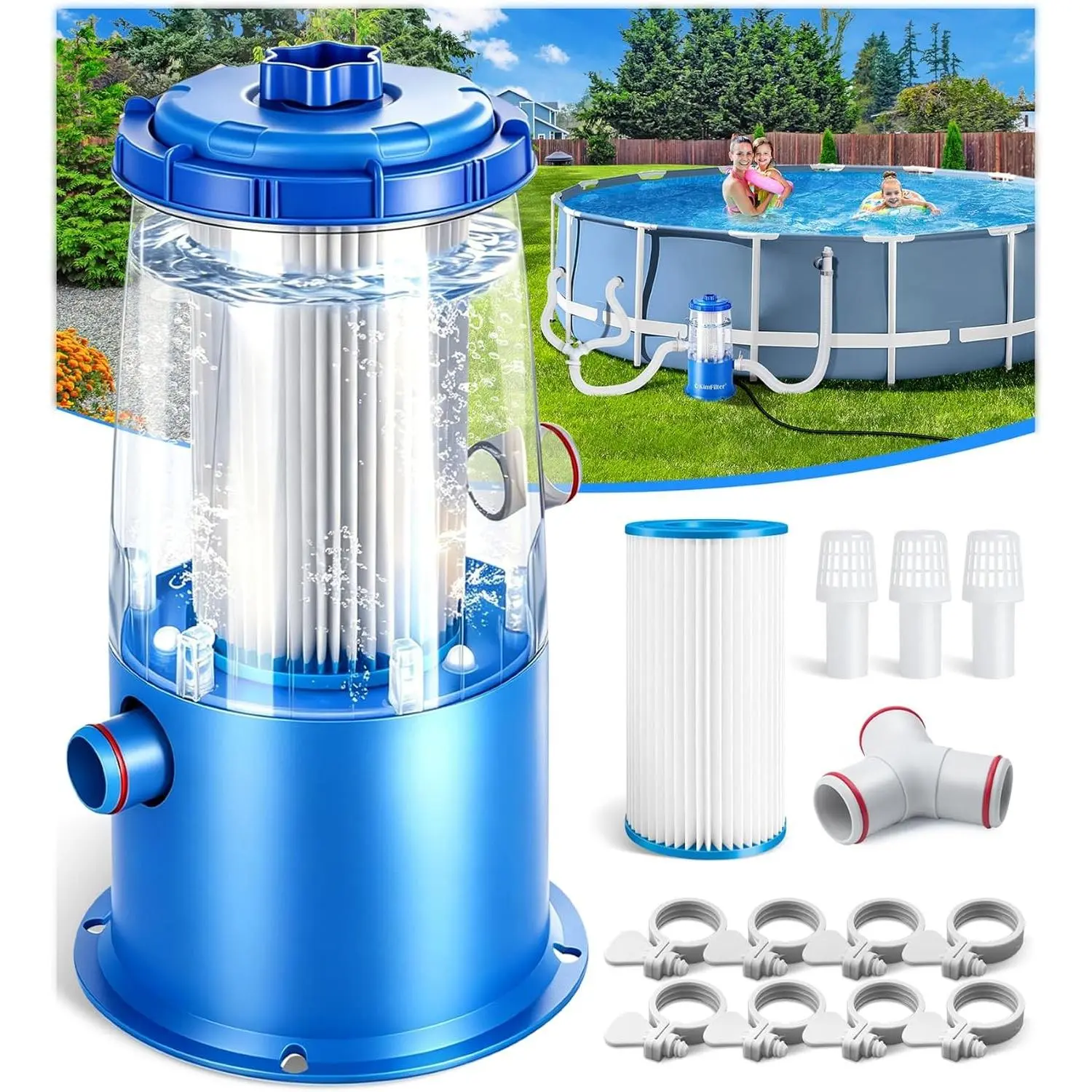 Transparent 1000 GPH Above Ground Pool Filter Pump | Easy to View Cartridge Status, Pool Cartridge Filter Pump System, Enhanced Circulation & Filtration for Crystal-Clear Water