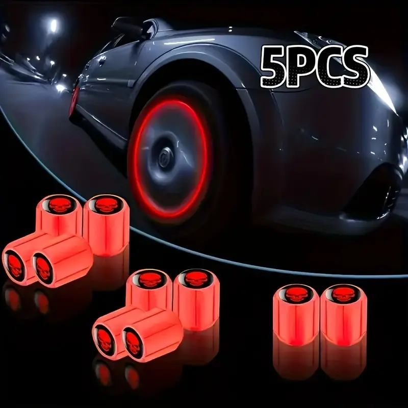 5Pcs Car Glow in The Dark Motorcycle Wheel Cover Light Up Valve Stem Caps Night Riding Enhanced Visibility for Car Motorcycle Bike Universal Valve Caps Cool Car Gift Father's Day Graduation Practical Auto Decoration Accessory Eye Catching