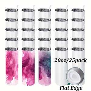 20oz Sublimation Skinny Tumbler Flat Edge 25pcs Bulk, Straight Body Stainless Steel Insulated Cup with Lid & Straw, DIY Blanks for Small Business,  Keeps Cold for 12 Hours, Sleek Portable Water Bottle for Daily Use & Party Favors.