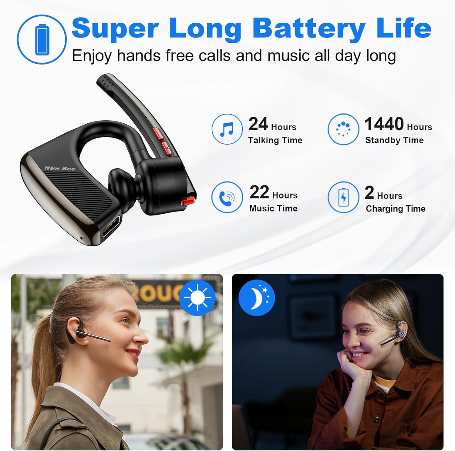 New bee Bluetooth Earpiece V5.2Headset 24Hrs Talktime CVC8.0 Dual Mic Noise Cancelling for iPhone/Android/Driver/Business/Office