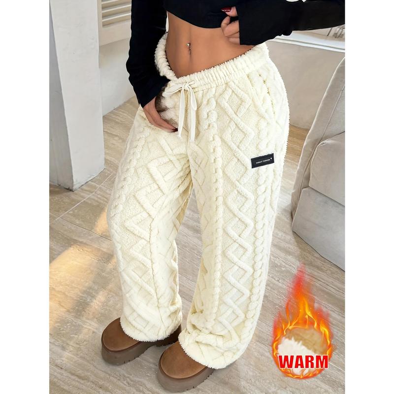 Women's Oversized Jacquard Knit Velvet Pants for Women, Adjustable Hidden Drawstring Waist, Thick Warm Full Length Casual Joggers, Winter Home-Outdoor Wear, Machine Washable