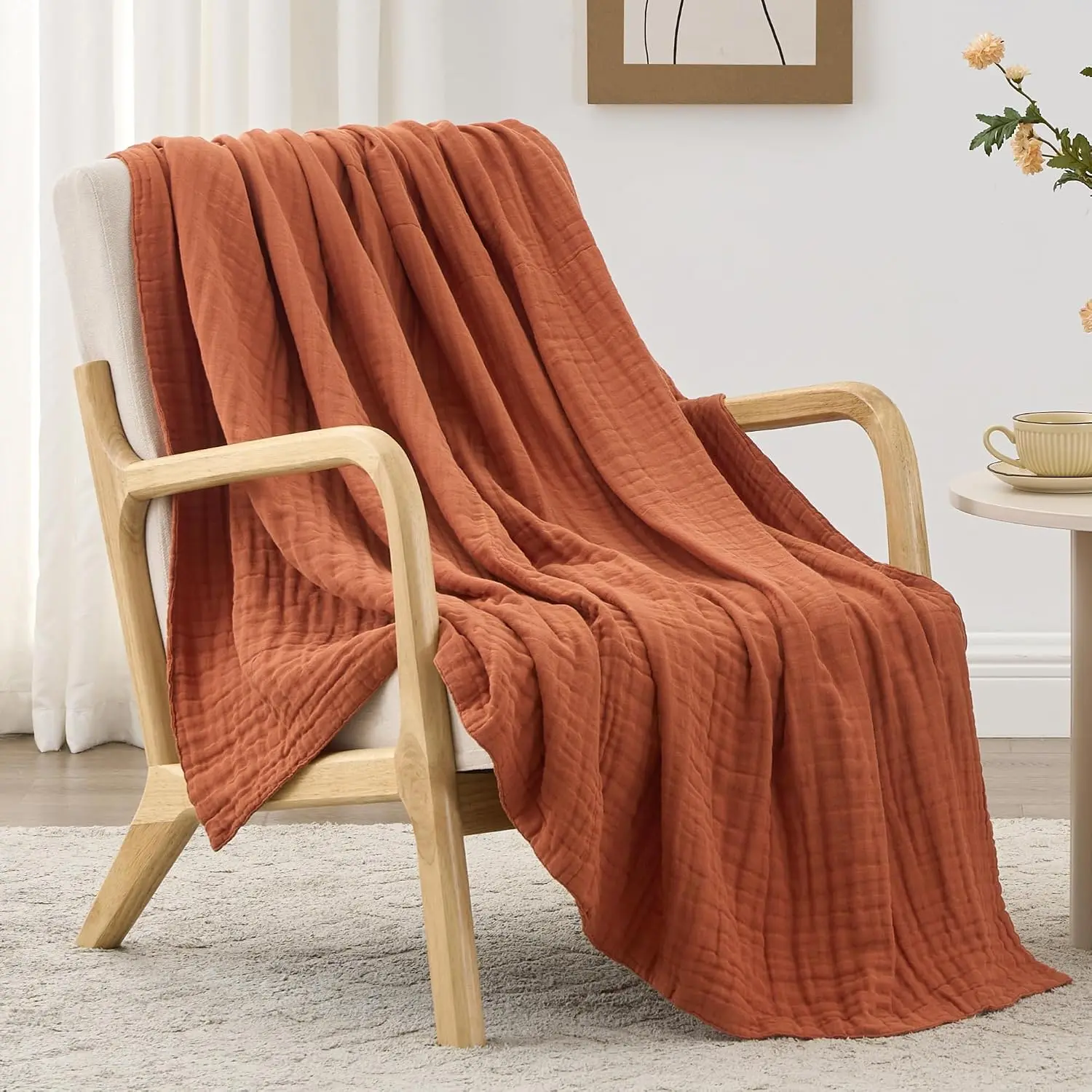 100% Cotton Muslin Blanket, 6 Layer Lightweight Breathable Gauze Throw Blanket 50 x 60 Inches, Soft All Season Blanket for Couch, Bed, Sofa, Orange