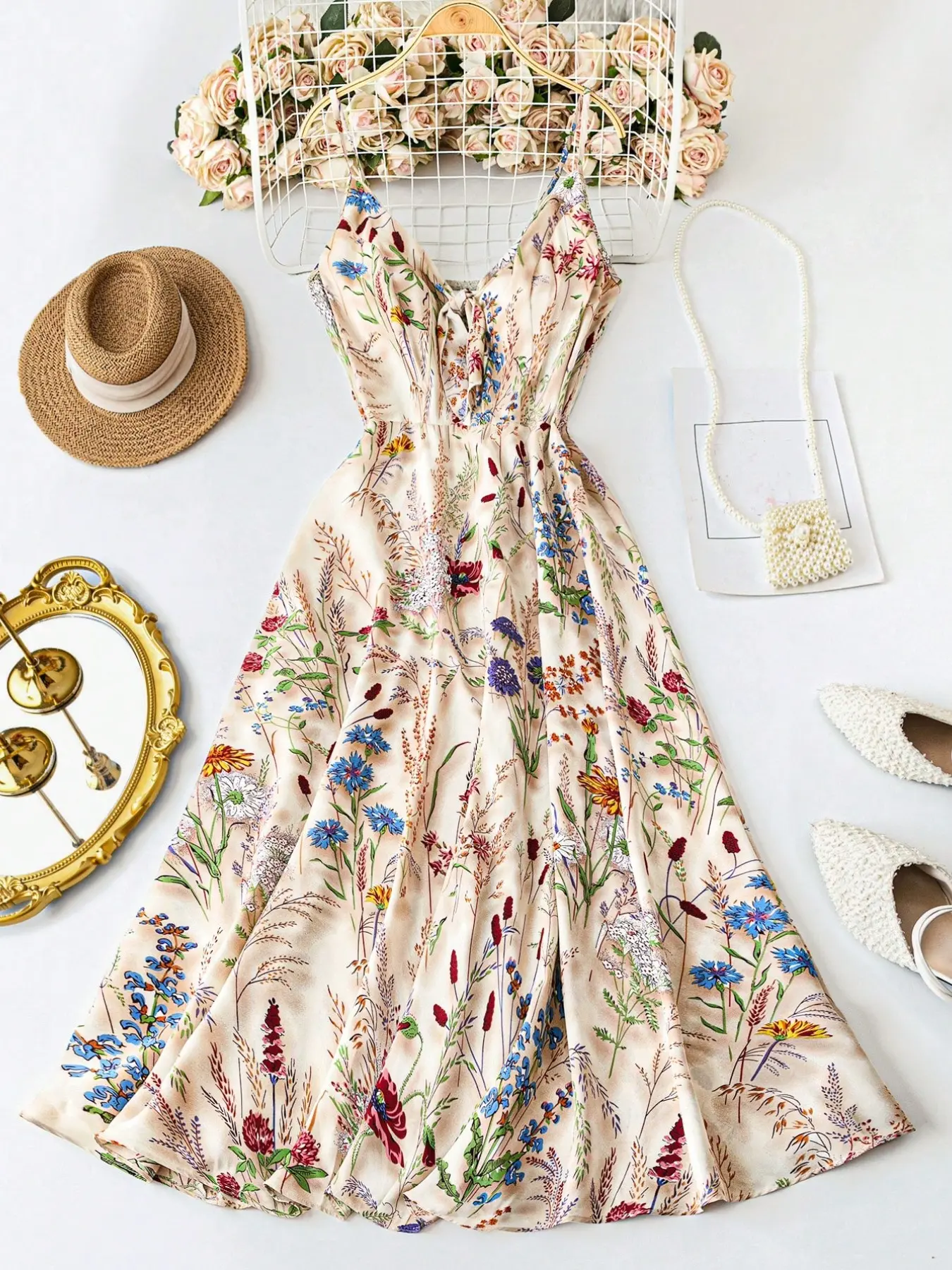 Women's Elegant Chic Cottagecore Boho Bohemian Floral Spaghetti Strap Midi Dress, V-Neck Front Bow High Waist A-Line Dress for Summer Garden Party & Vacation, Dresses For Party, Bohemian Romantic Dress