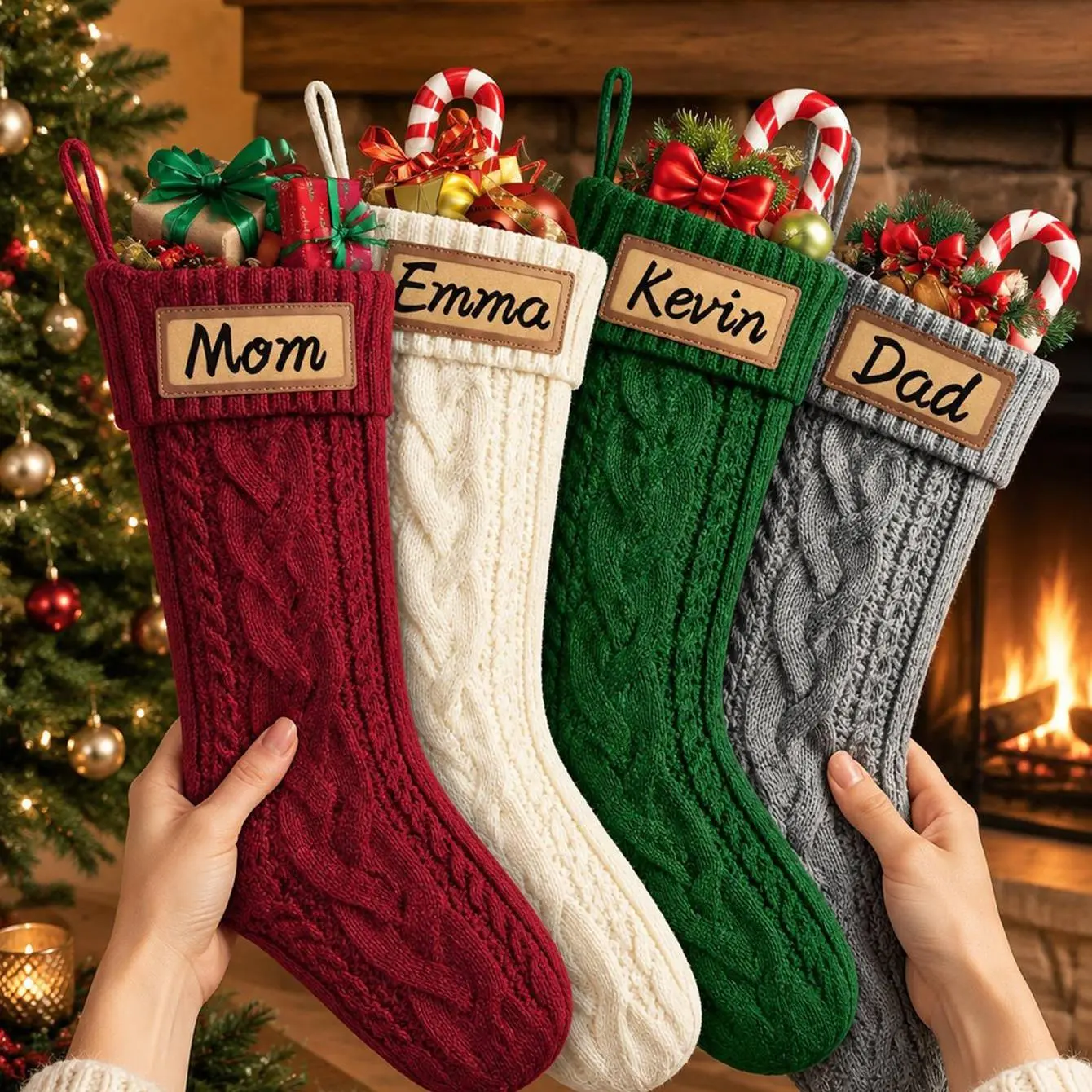 4 Pack Personalized Cable Knit Christmas Stockings, Custom Name Leather Patch Family Xmas Stocking Set, Large Knitted Stockings for Fireplace, Christmas Home Decor Gift for Mom Dad Kids