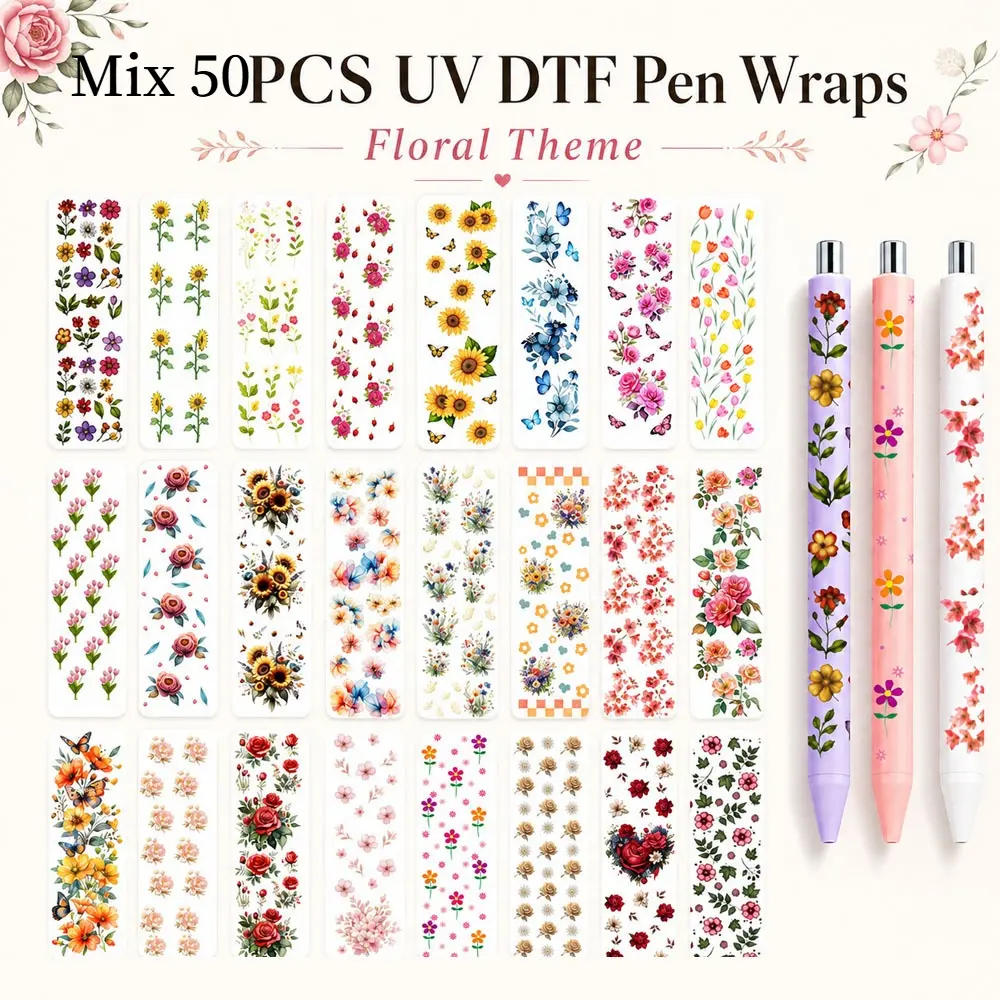50 Pcs Customizable UV DTF Pen Wraps Die-Cut Floral Stickers Decal Set, Waterproof Transfer Adhesive for DIY Blank Pen Crafting & Decorative Gifts