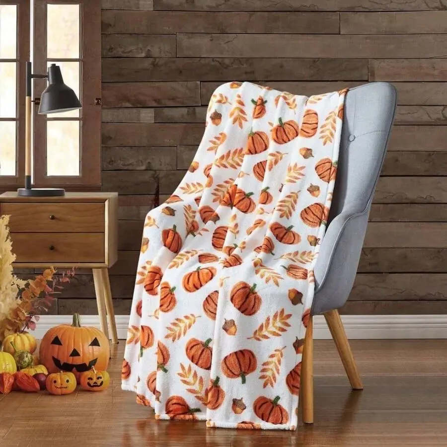 Pumpkin Acorn Fall Leaf All Over Print  Blanket, White Base Orange Harvest Autumn Farmhouse Throw Blanket, Soft Plush Warm Blanket for Couch Bedroom, Cozy Comfy Nap Blanket, Perfect Giftable Decorative Blanket for Fall Thanksgiving Farmh
