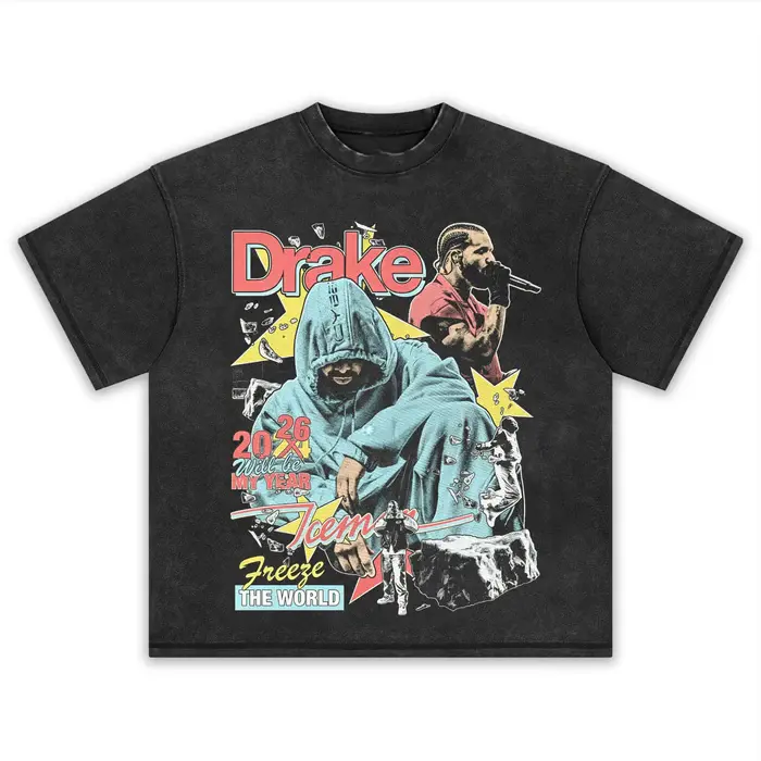 Multi Scene Rapper Collage Print Hooded & Mic Performance Graphic Star Fragment Text Overlay Layout Design Hip Hop Rap Music Celebrity Streetwear T-Shirt, Vintage Washed Retro Distressed Wash Black Crew Neck Unisex Tee