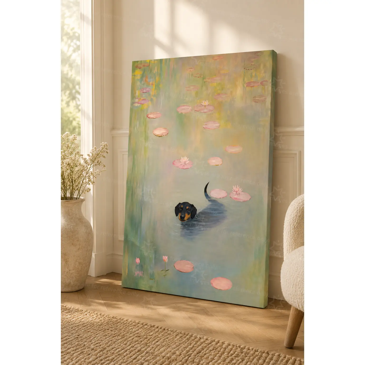 1pc Dachshund Swimming In Lily Pond Poster, Soft Impressionist Water Lily Painting wall decor, Cute Pet Animal Art for Living Room, Bedroom, Entryway, Kitchen and Home Decor