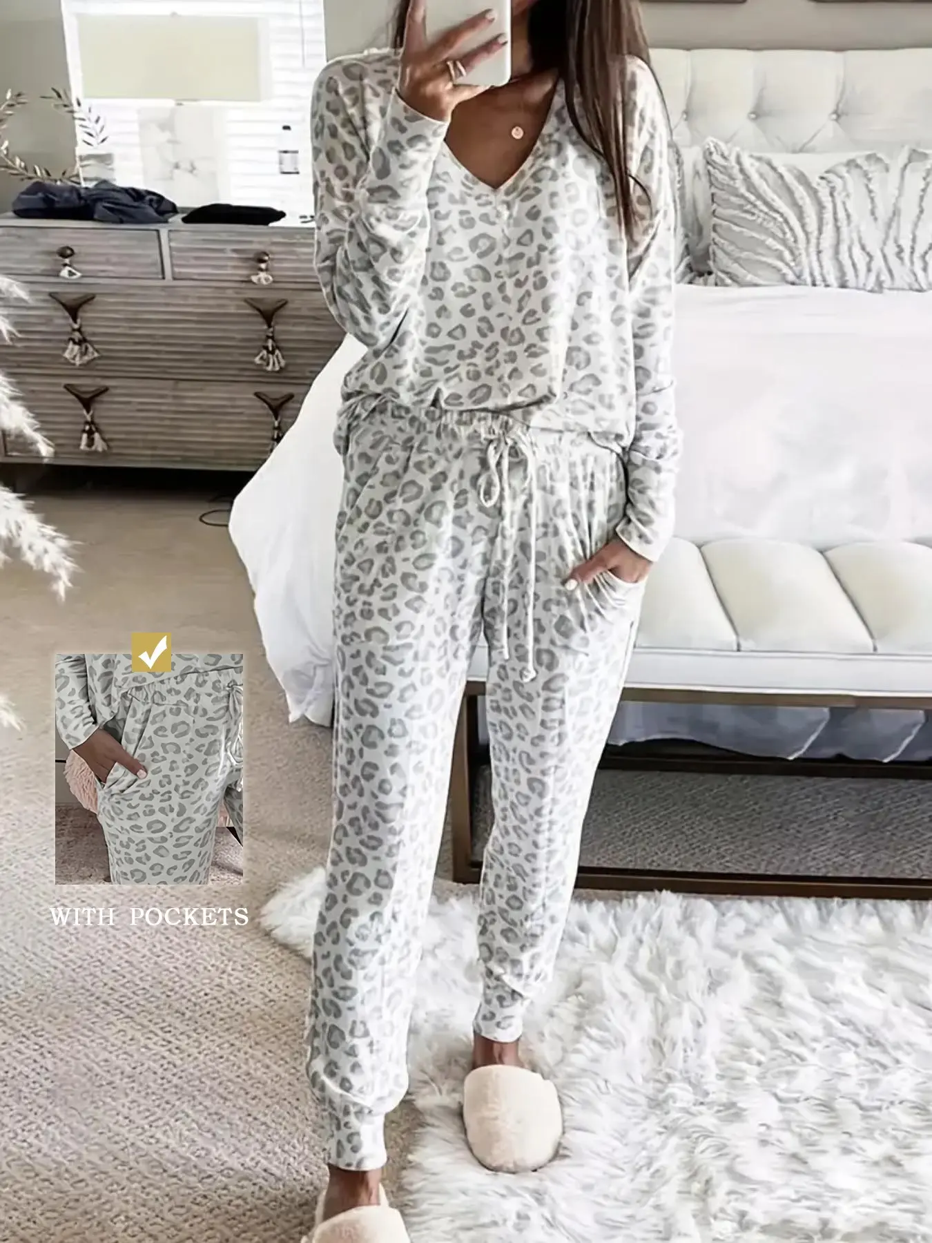 Leopard Print Casual Pajama Set, Long Sleeve V Neck Top and Tie Waist Pants, Women's Home Wear and Sleepwear, All Seasons