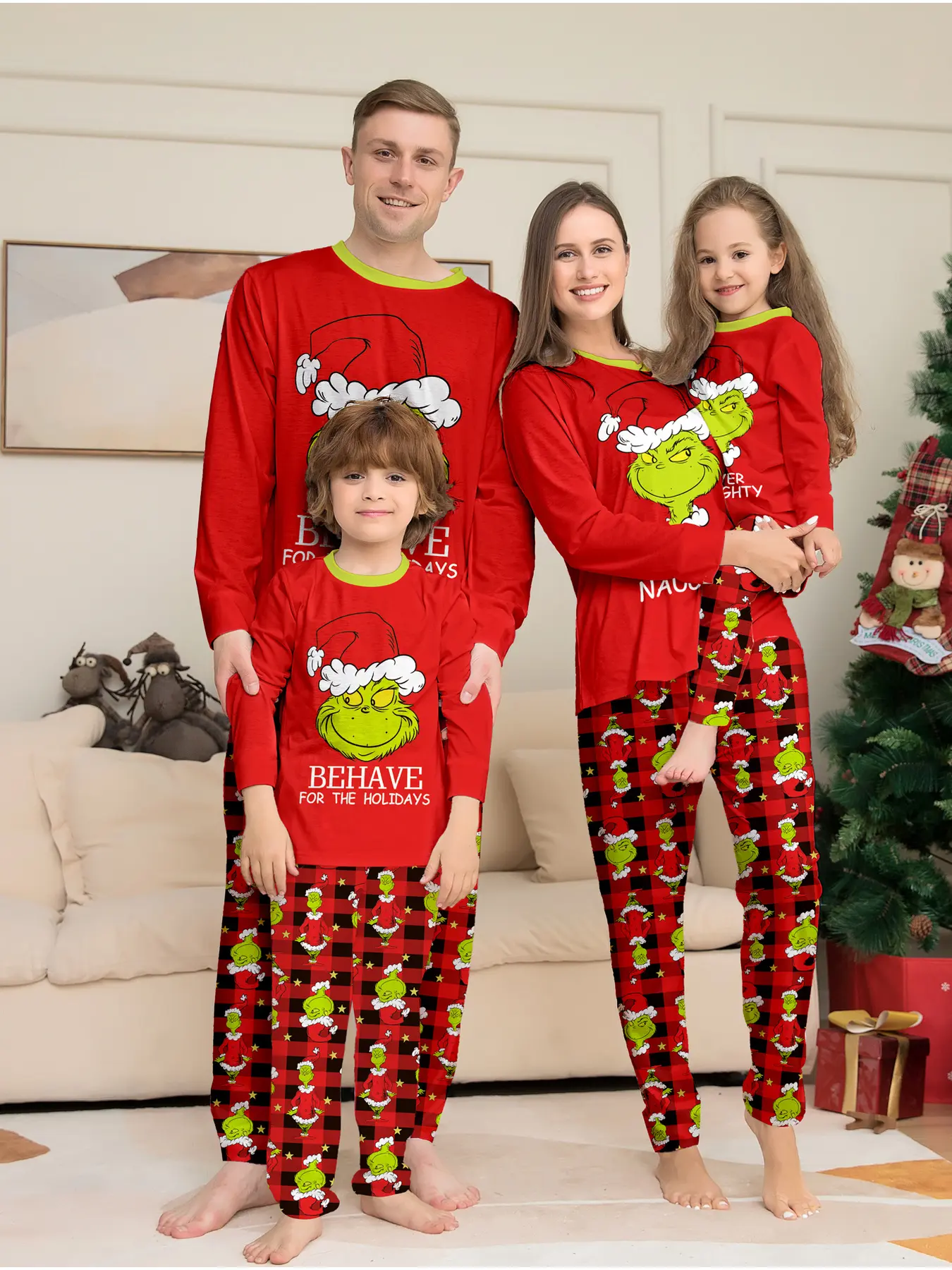 Grinch Christmas Pajama Set for Family, Long Sleeve Top with Monster Print, Loose Fit, Soft Fabric, Perfect for Holidays