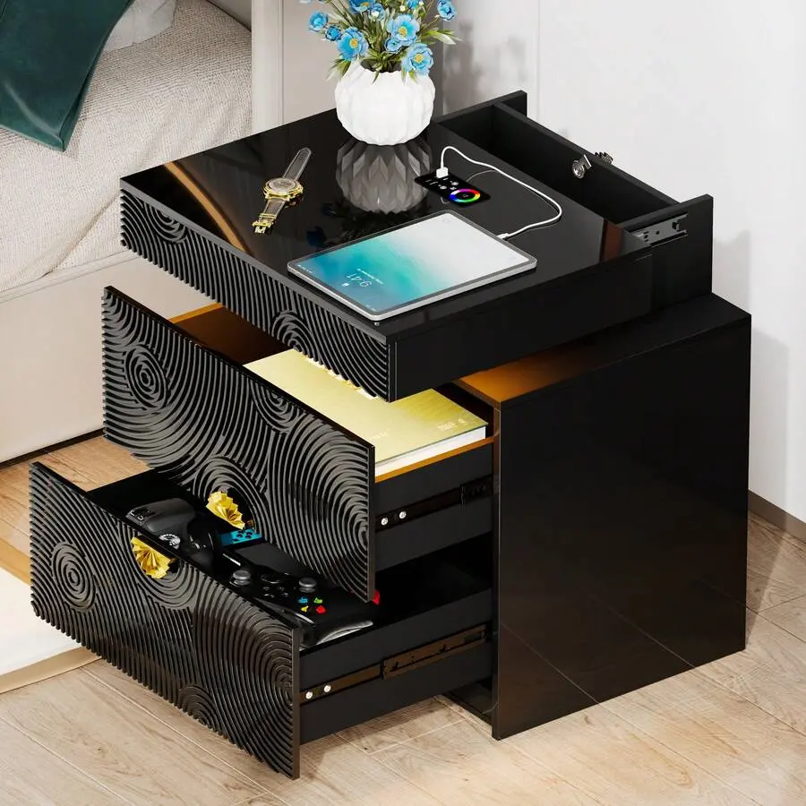 White Modern Rectangular LED Nightstand - RGB Light, Lockable Hidden Compartment, 2 Drawers, Auto Sensor, USB&Type-C Ports, Sturdy Base, Adjustable, Mobile Bedroom Bedside Table