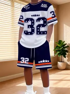 American Retro Sports Style Short Sleeve Shorts Set, Basketball/oliver Shirt Print, Casual Cool, Summer Streetwear, Fitness