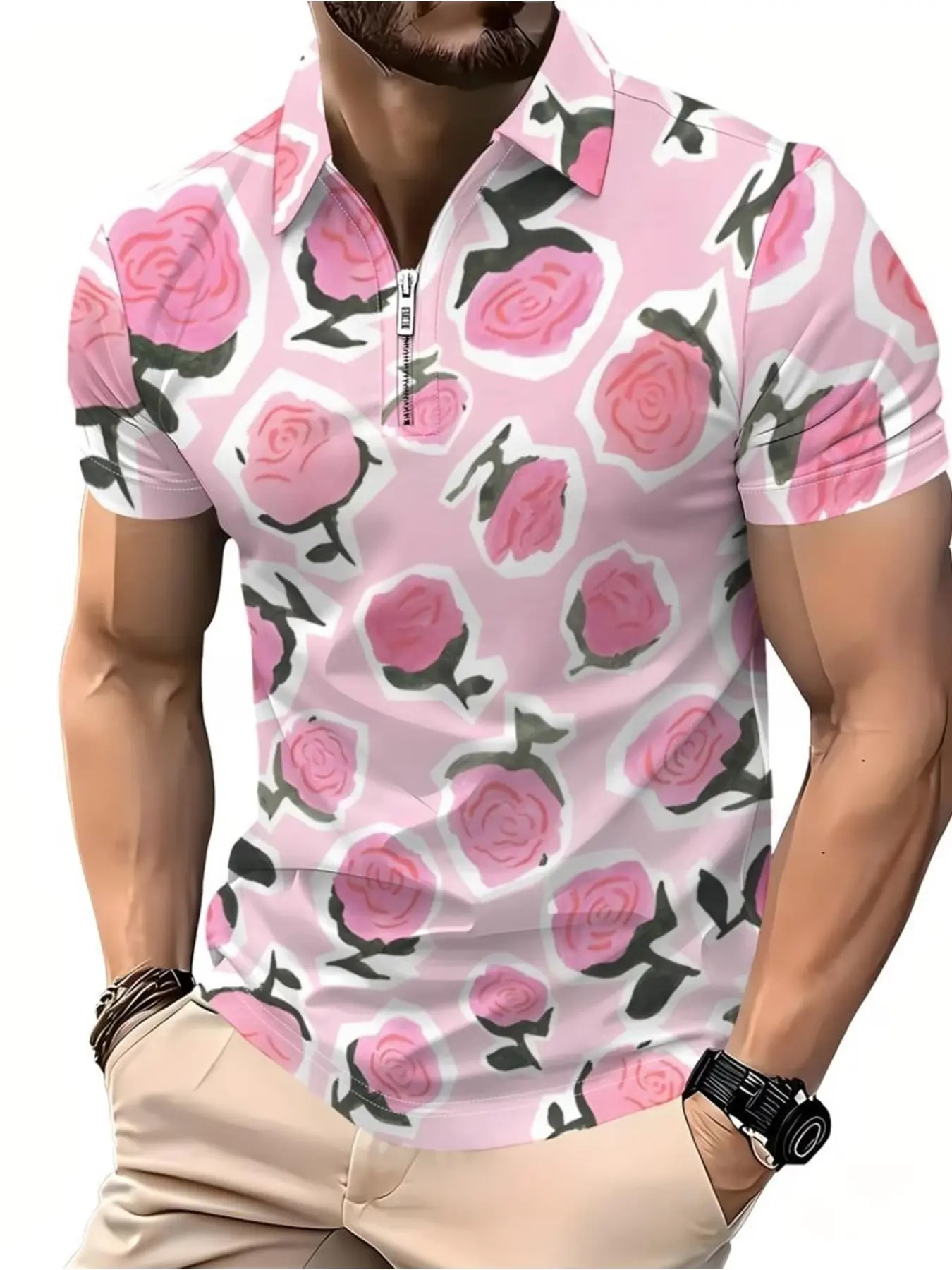 Men's Half Zip Lapel Short Sleeve Polo Shirt Sublimation Polyester Top Sticker‑Style Pink Rose Floral All‑Over Print Casual Dating Party Daily Street Wear Tee For Male