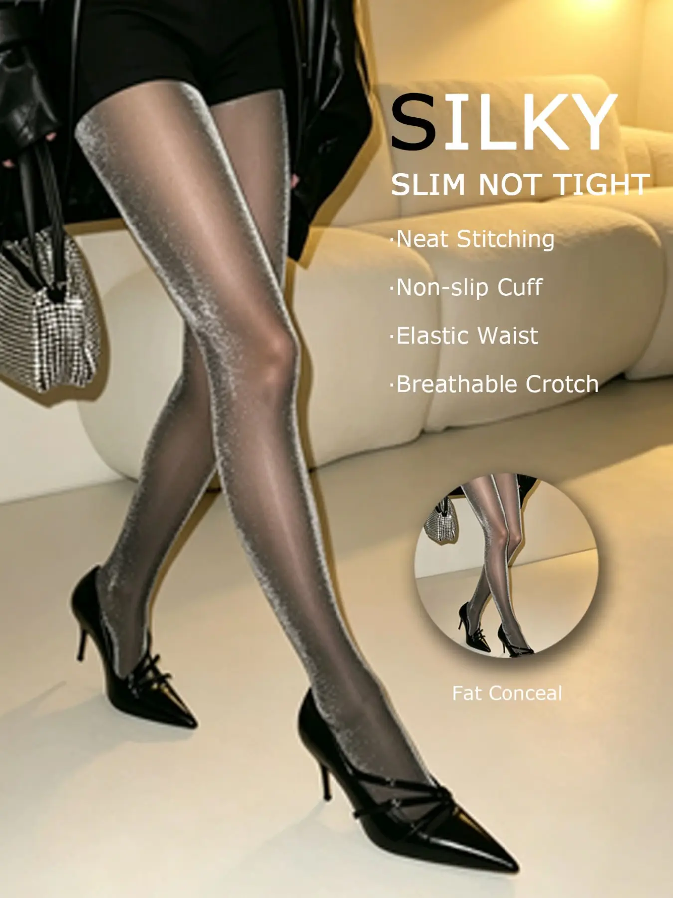 Fine Gradient Silver Glitter Powder, Galaxy Highlight Effect, Semi-Transparent, Strong Leg Shape Correction, High Waist, Fit, Fashionable Party Stockings/tights