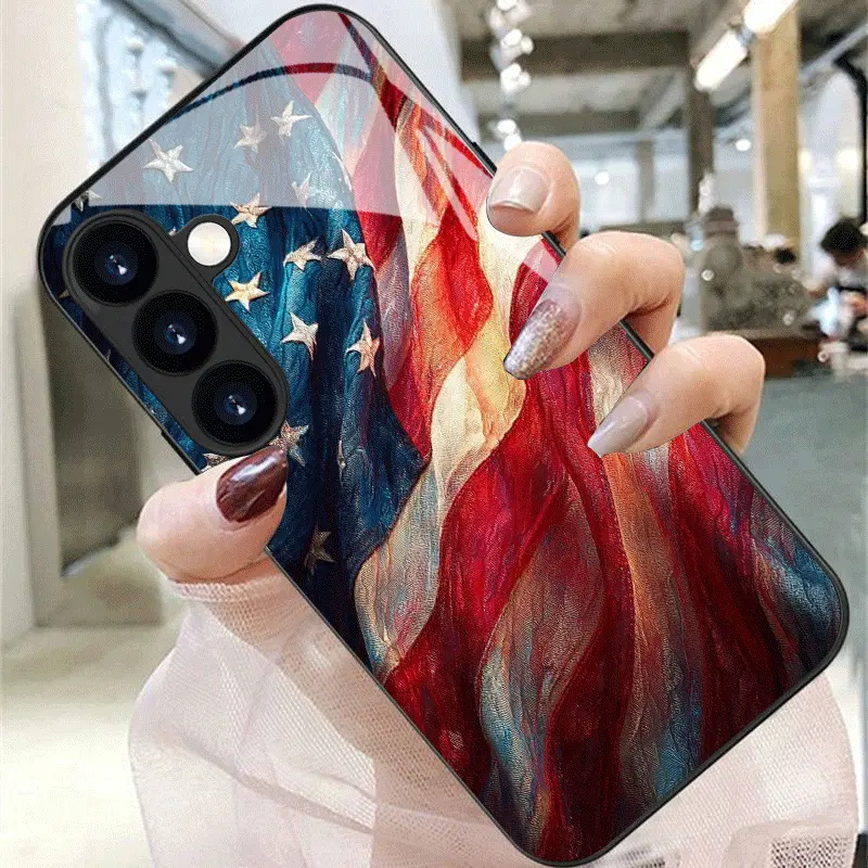 Hard Scratch-Resistant Tempered Glass Smartphone Case - American Flag Pattern Handheld Cellphone Protection Accessory for Samsung S26,S25,S24,S23,S22 Pro,S21,S20 FE Plus Ultra Pro,A56-A03s Series - Seasonal Gift for Mobile Devices