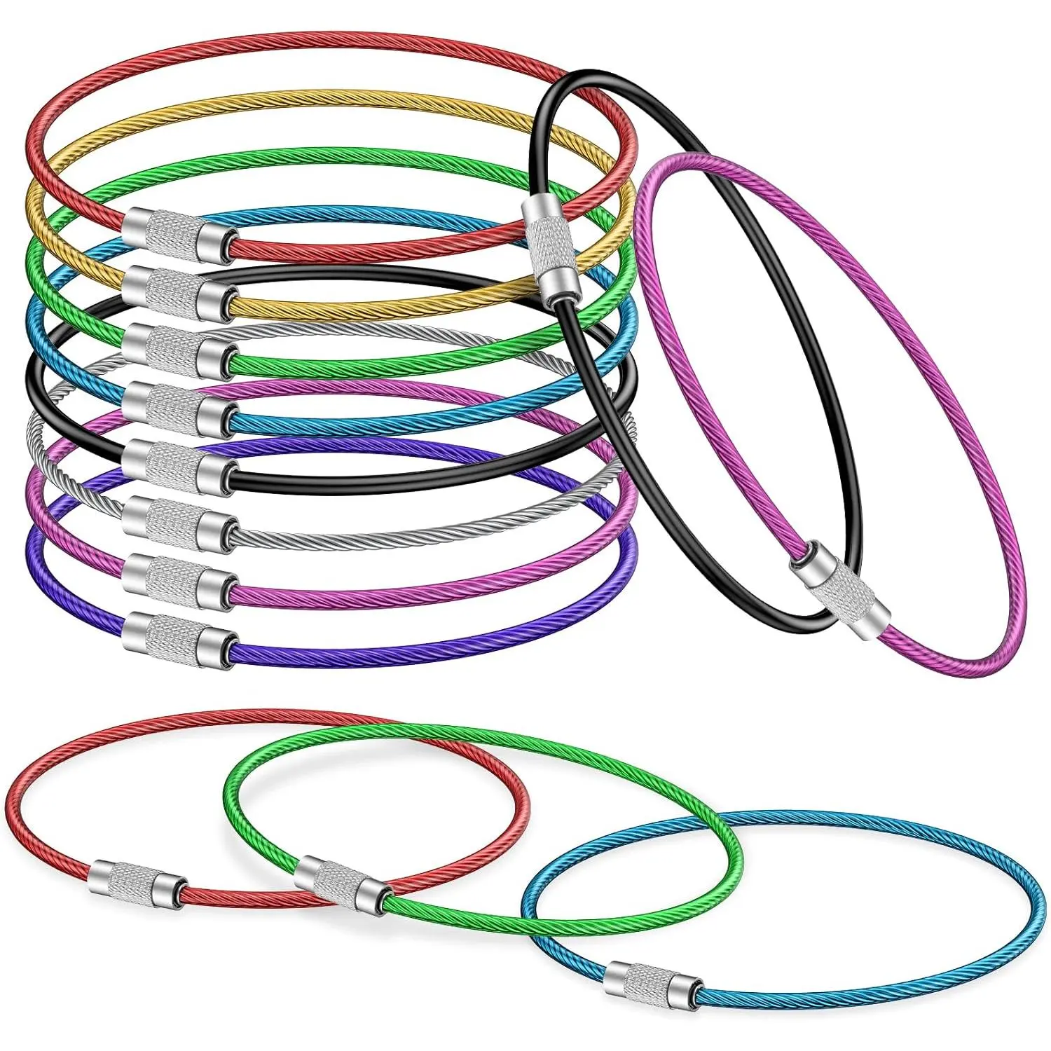 4"/ 6" Keychain Cable, 2 mm Thick Wire Key Ring, Twist Lock Luggage Tag Loops, Multipurpose Keychain Loop, 8 Colors