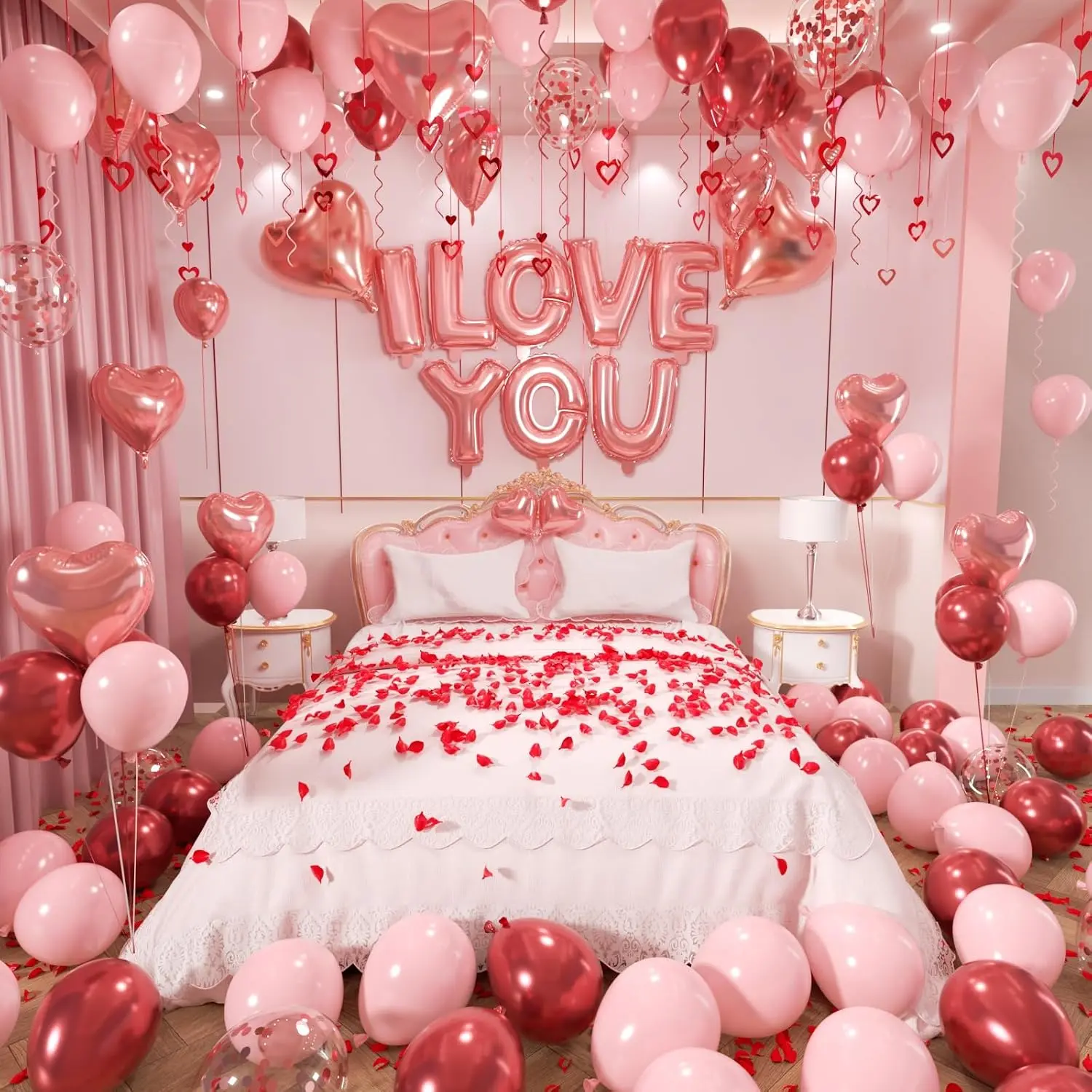 Valentines Day Balloons Garland Arch Kit, Rose   Heart I love You Balloons Rose Petals for Galentine's Day Birthday Wedding Anniversary Engagement Valentines Party Decor Special Night
