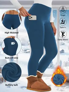 Women's Plus Size High-Waist Fleece-Lined Leggings, Thermal Stretchy Fit Winter Pants with Pockets, Warm for Daily Wear, Casual